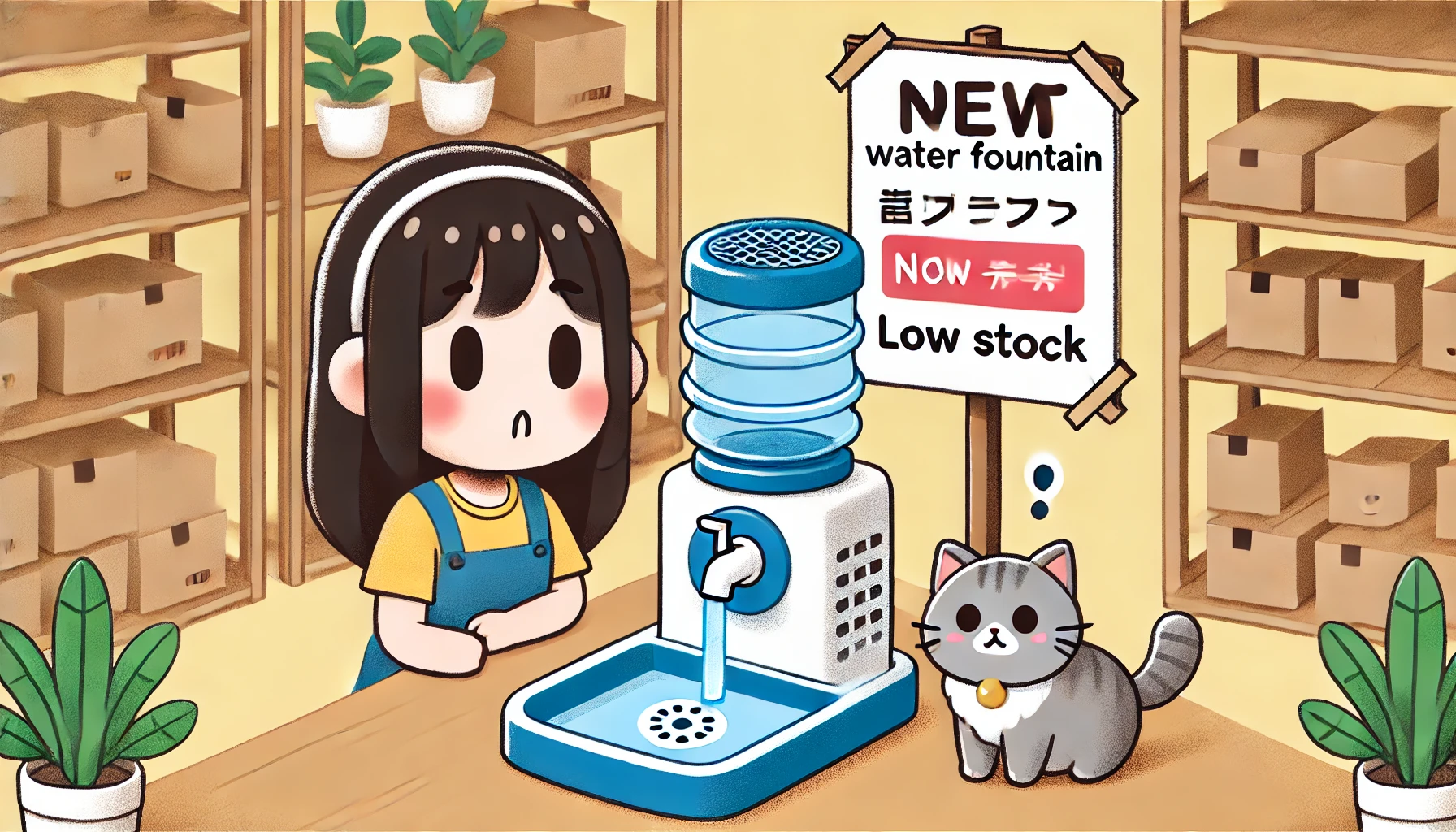 A pet water fountain with a filter designed for cats, showing a sign indicating low stock, with a Japanese woman looking at it and a cat nearby.