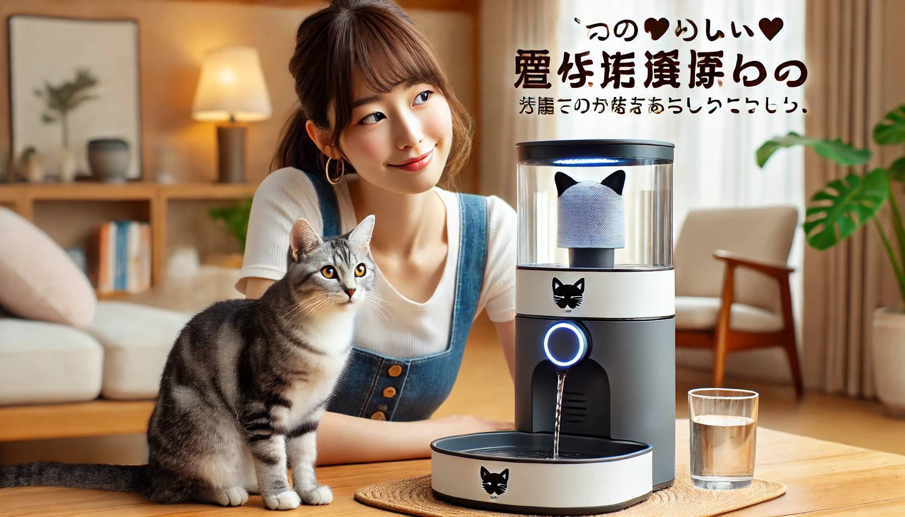 The latest model of a pet water fountain with a filter designed for cats, showing a sleek and modern design, with a Japanese woman and a cat interacting with it.