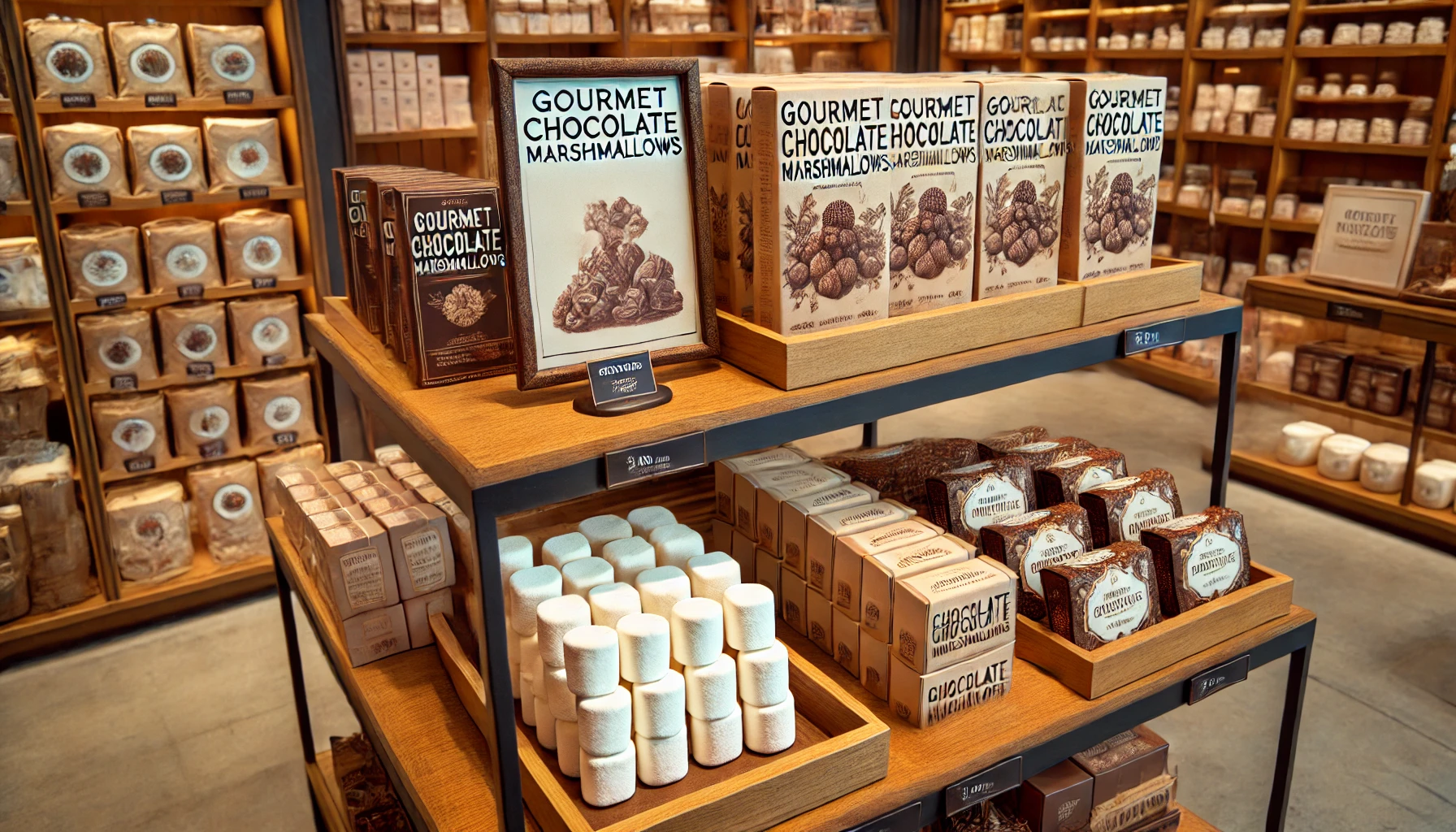 A variety of gourmet chocolate marshmallows displayed in a shop, showcasing their scarcity with empty shelves and a few high-quality packages remaining. The shop interior has a rustic, artisanal feel with wooden shelves and elegant packaging.