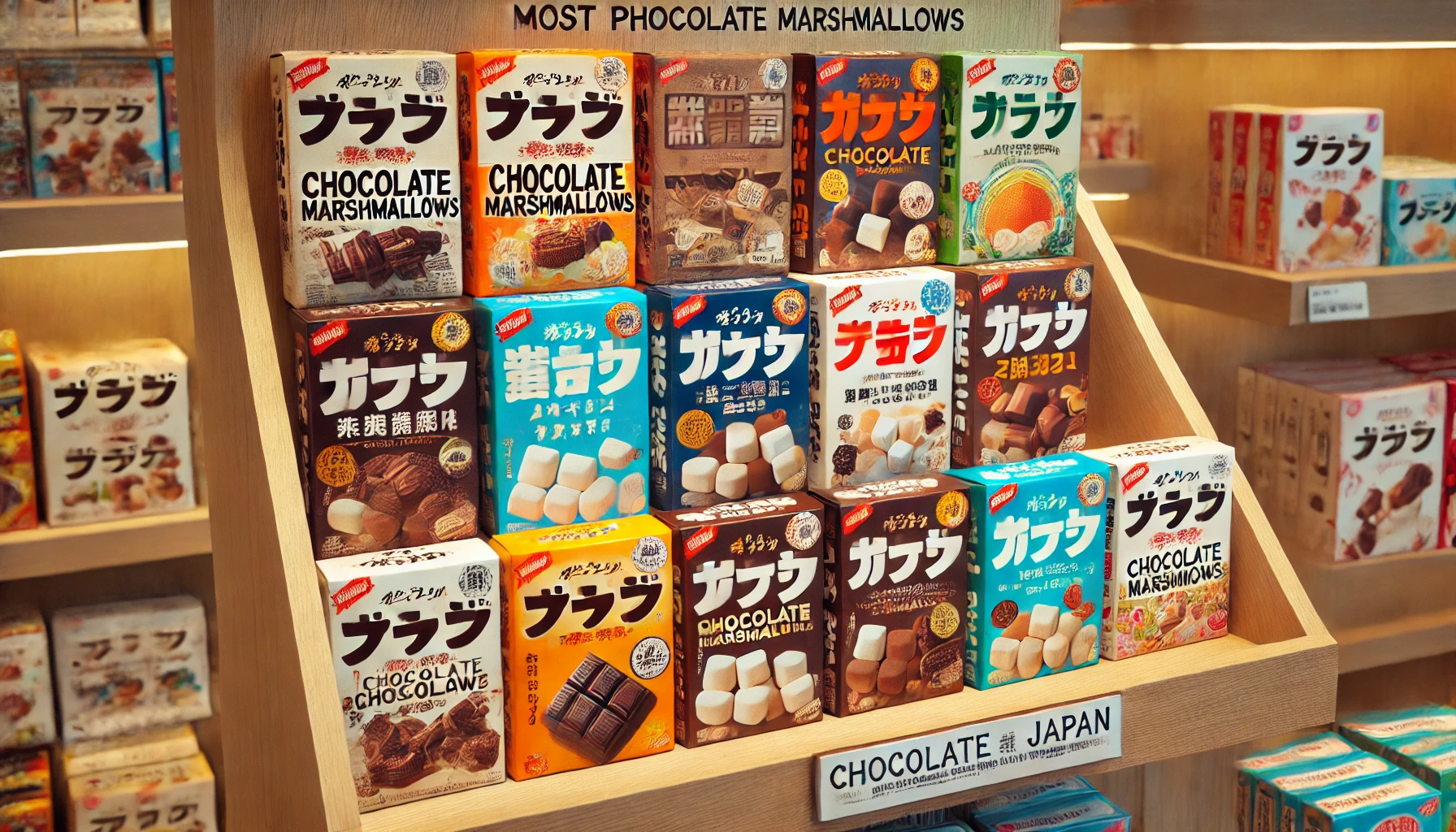 A display of the most popular chocolate marshmallows in Japan, featuring an array of different brands and flavors. The packaging is colorful and appealing, with Japanese text and designs. The setting is a modern, clean store shelf.