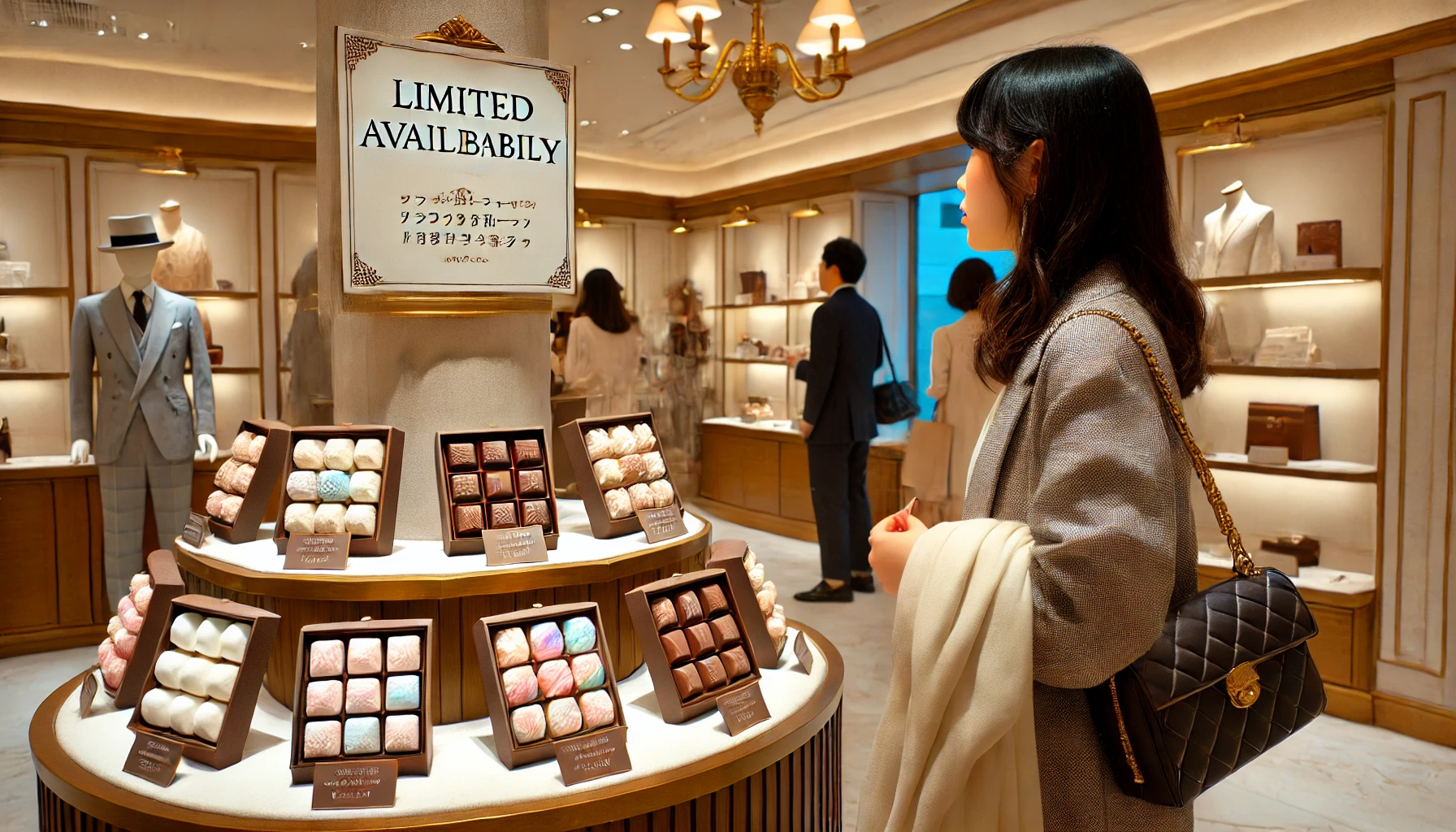 An exclusive boutique store in Japan that sells chocolate marshmallows, with a sign indicating limited availability. The store is elegant and upscale, with a Japanese customer admiring the products inside.