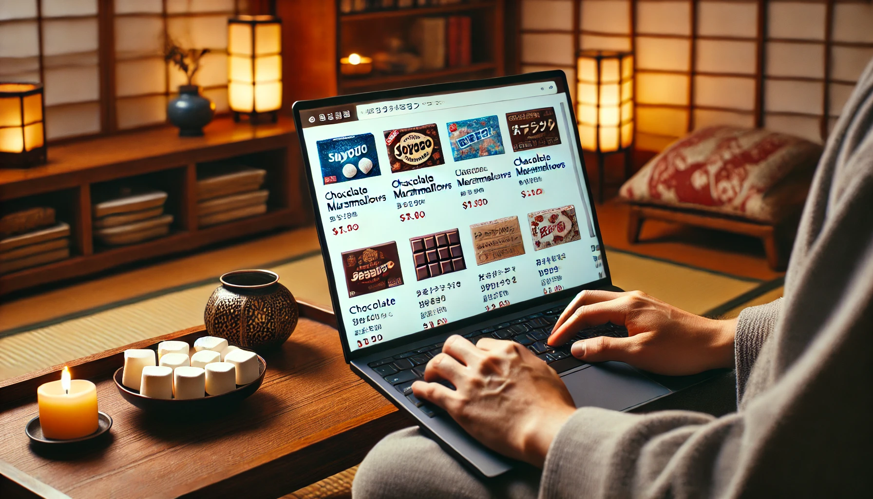 A person in Japan using a laptop to shop online for chocolate marshmallows, with various brands and prices displayed on the screen. The setting is a cozy home environment with traditional Japanese decor.