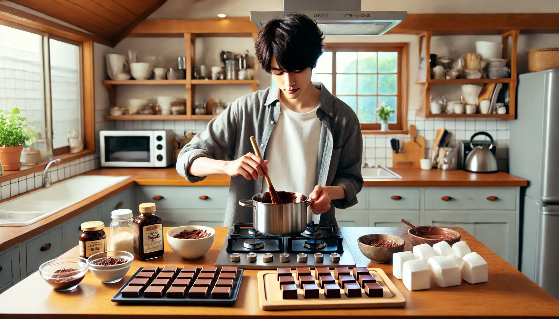 A Japanese person in a home kitchen making chocolate marshmallows from scratch. The kitchen is modern and well-equipped, with ingredients and utensils neatly arranged on the counter. The person is carefully stirring melted chocolate.