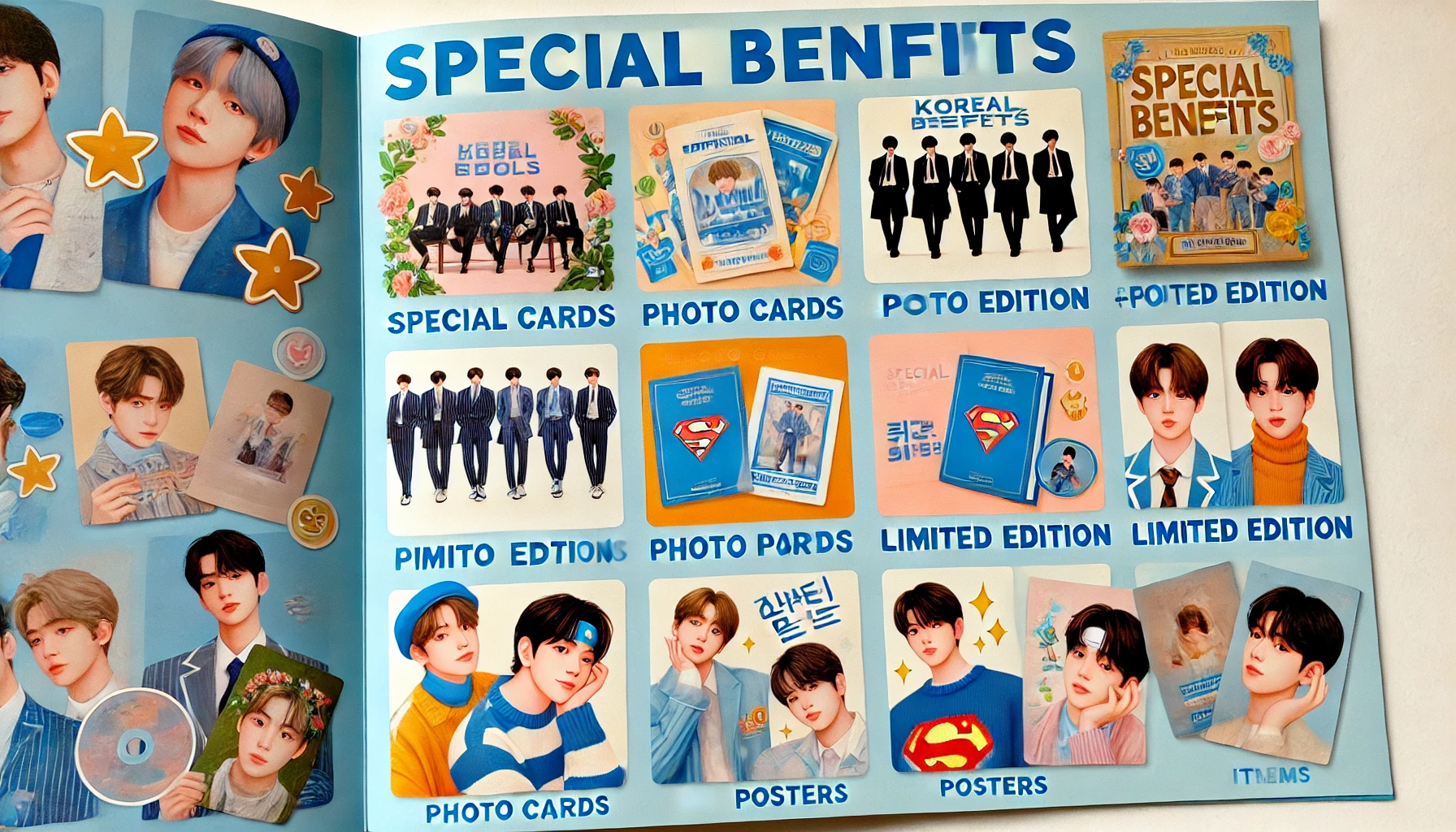 A detailed and attractive page listing special benefits of albums by Korean male idols, featuring images of photo cards, posters, and limited edition items. The layout is colorful and engaging.