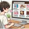 A Japanese person browsing online for alternative ways to purchase chocolate marshmallows, such as international websites or specialty stores. The person is sitting at a desk with a computer, looking at different options on the screen.