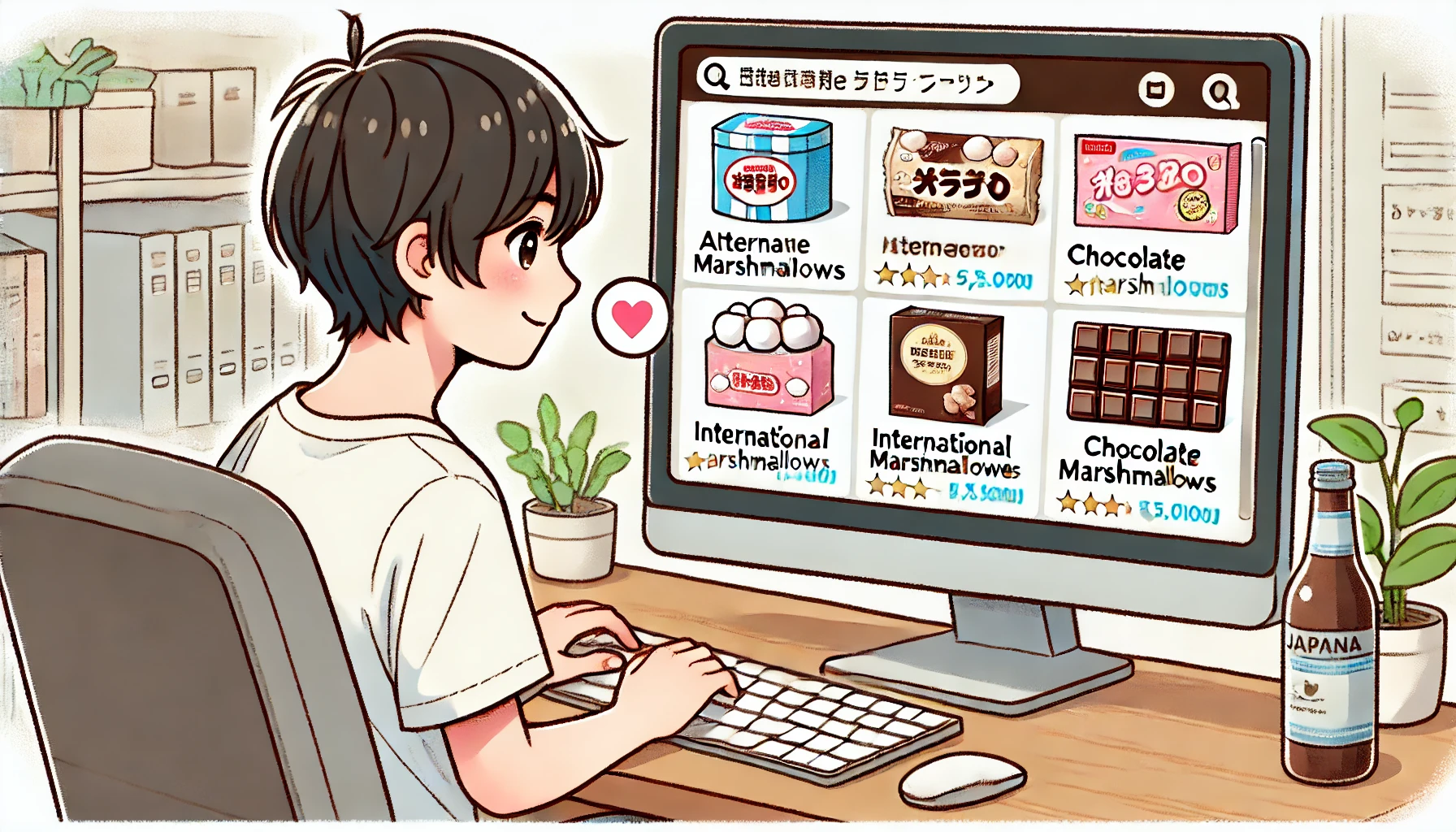 A Japanese person browsing online for alternative ways to purchase chocolate marshmallows, such as international websites or specialty stores. The person is sitting at a desk with a computer, looking at different options on the screen.