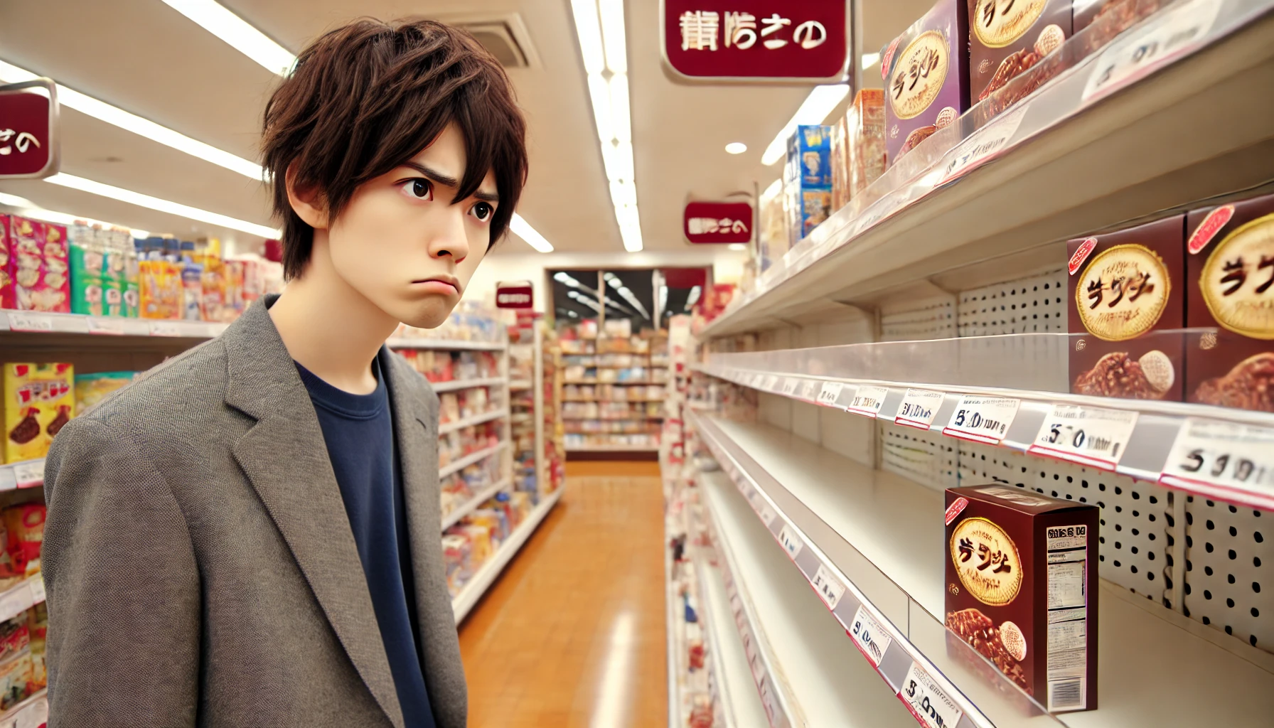 A Japanese person looking disappointed in a store, staring at an empty shelf where chocolate marshmallows should be. The person has a sad expression and the store interior is brightly lit with other products on the shelves.