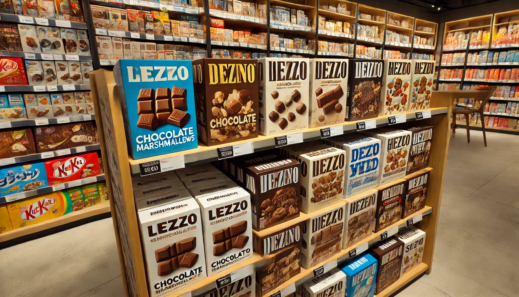 A display of chocolate marshmallows in a foreign store, showing different brands and packaging styles. The setting is a well-organized and modern store with a diverse range of international products on the shelves.