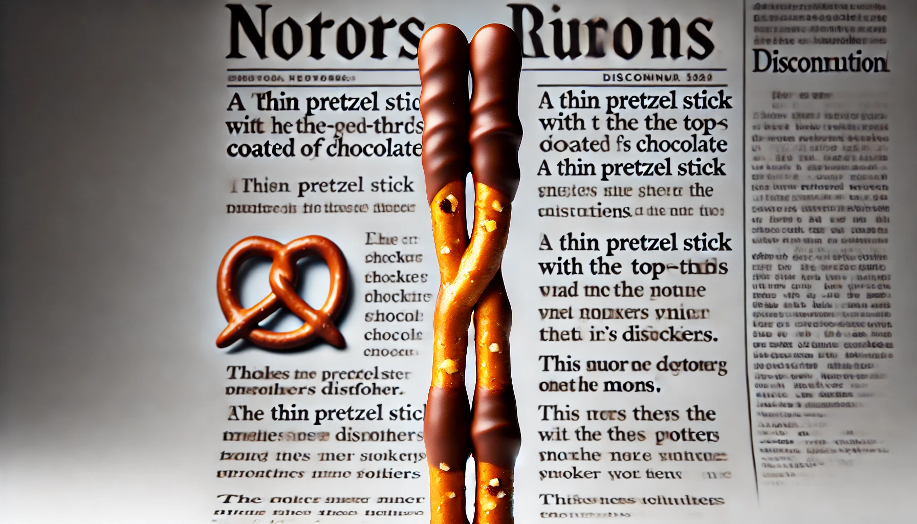 A thin pretzel stick with the top two-thirds coated in chocolate, with a background showing text discussing the rumors of this snack's discontinuation.