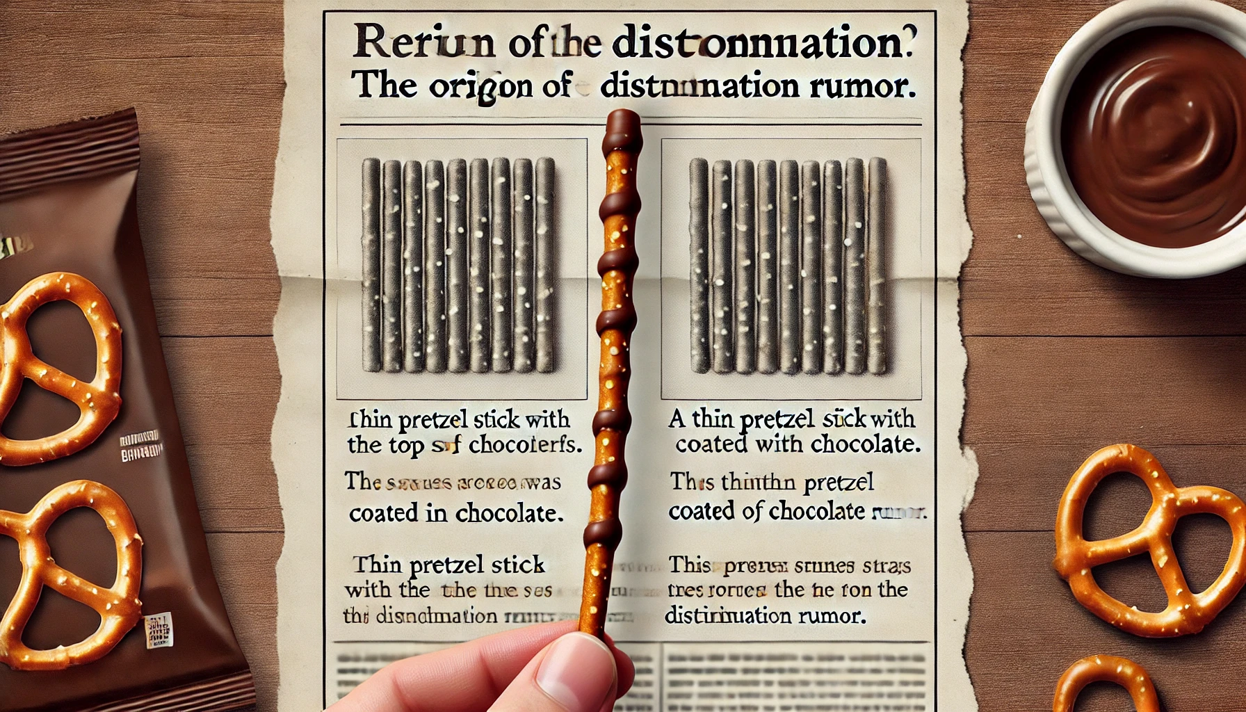 A thin pretzel stick with the top two-thirds coated in chocolate, alongside a background with text explaining the origin of the discontinuation rumor.