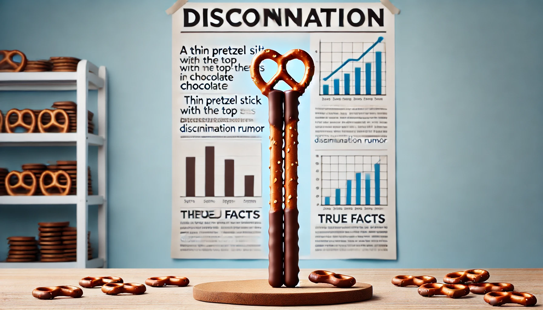 A thin pretzel stick with the top two-thirds coated in chocolate, with a background revealing the true facts behind the discontinuation rumor.