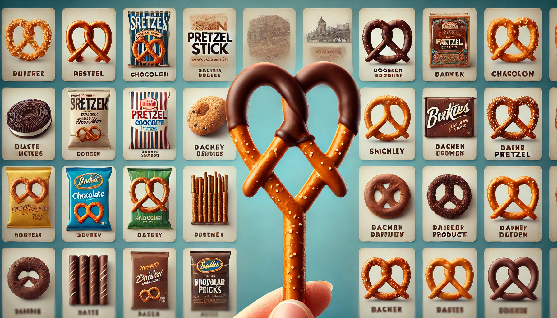 A thin pretzel stick with the top two-thirds coated in chocolate, with a background showcasing popular past products of this snack.