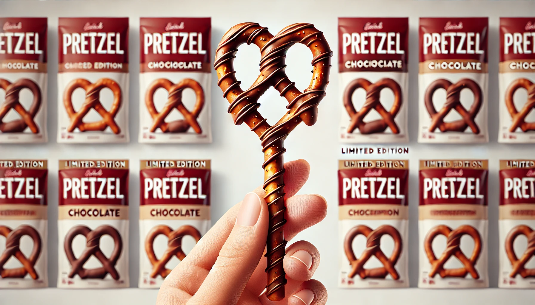 A thin pretzel stick with the top two-thirds coated in chocolate, with a background showcasing limited edition products of this snack.