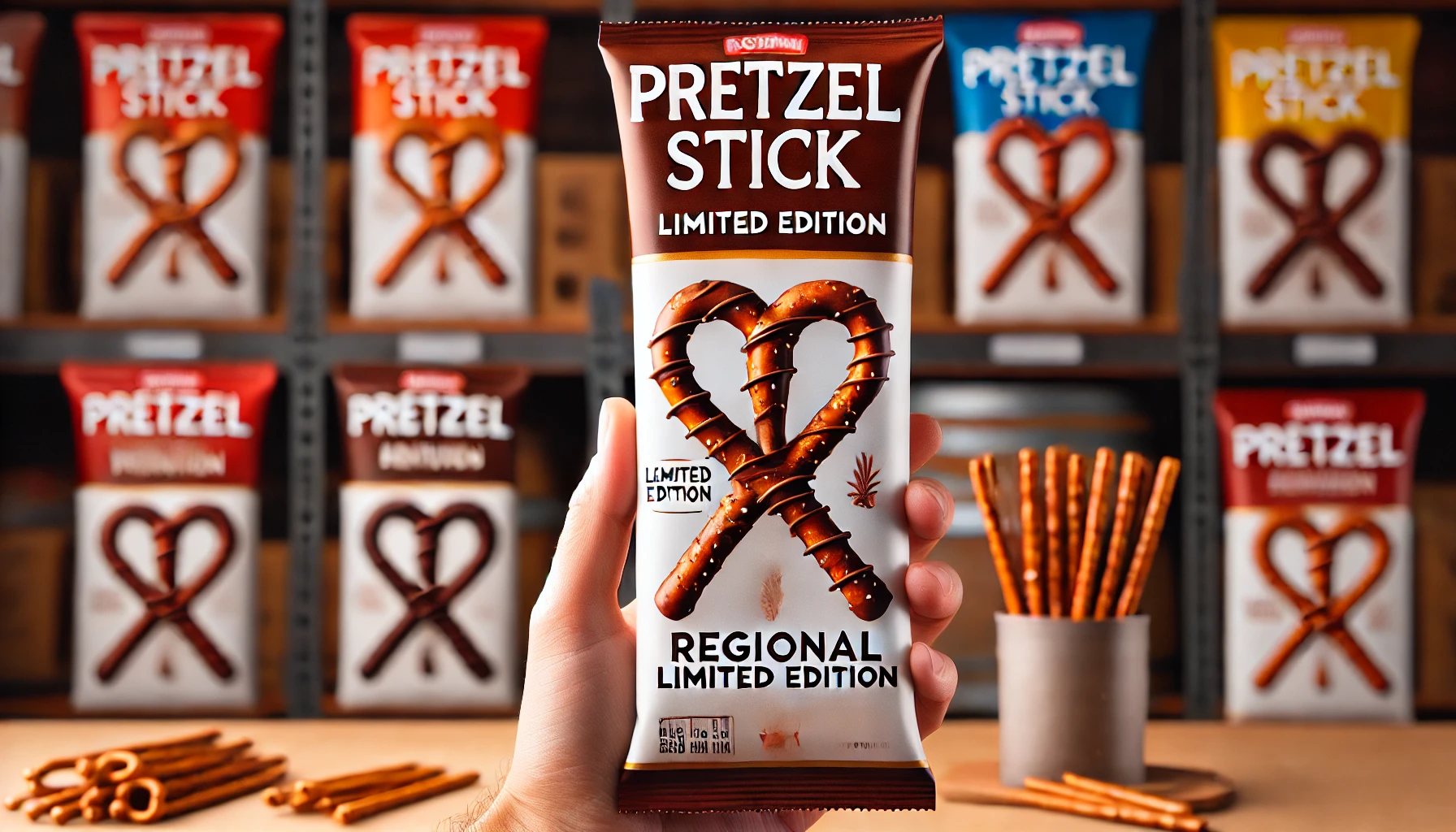 A thin pretzel stick with the top two-thirds coated in chocolate, with a background showcasing regional limited edition products of this snack.