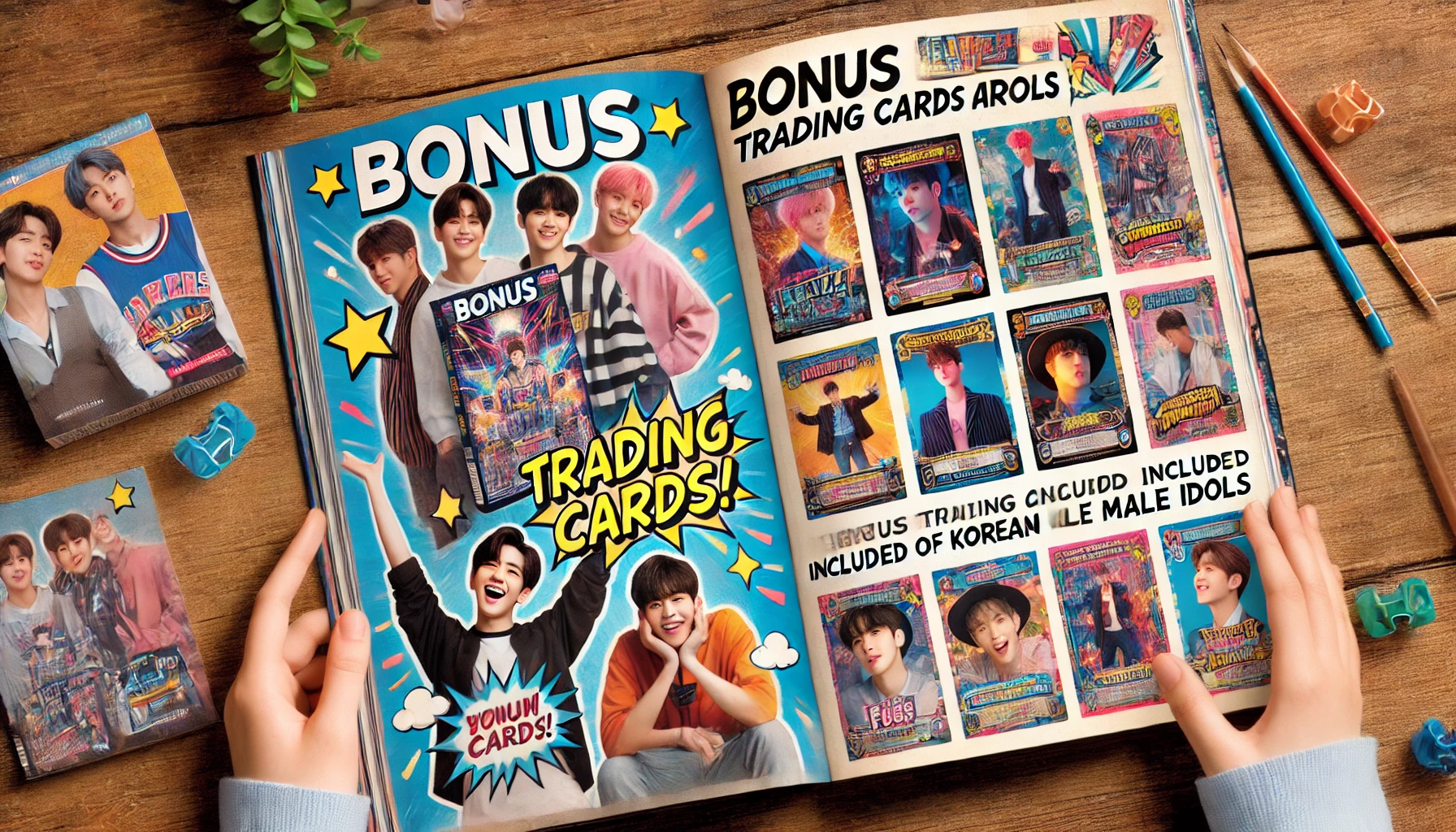 A vibrant page showcasing the bonus trading cards included with the latest albums of Korean male idols, featuring images of the cards, album covers, and excited fans. The layout is eye-catching and lively.