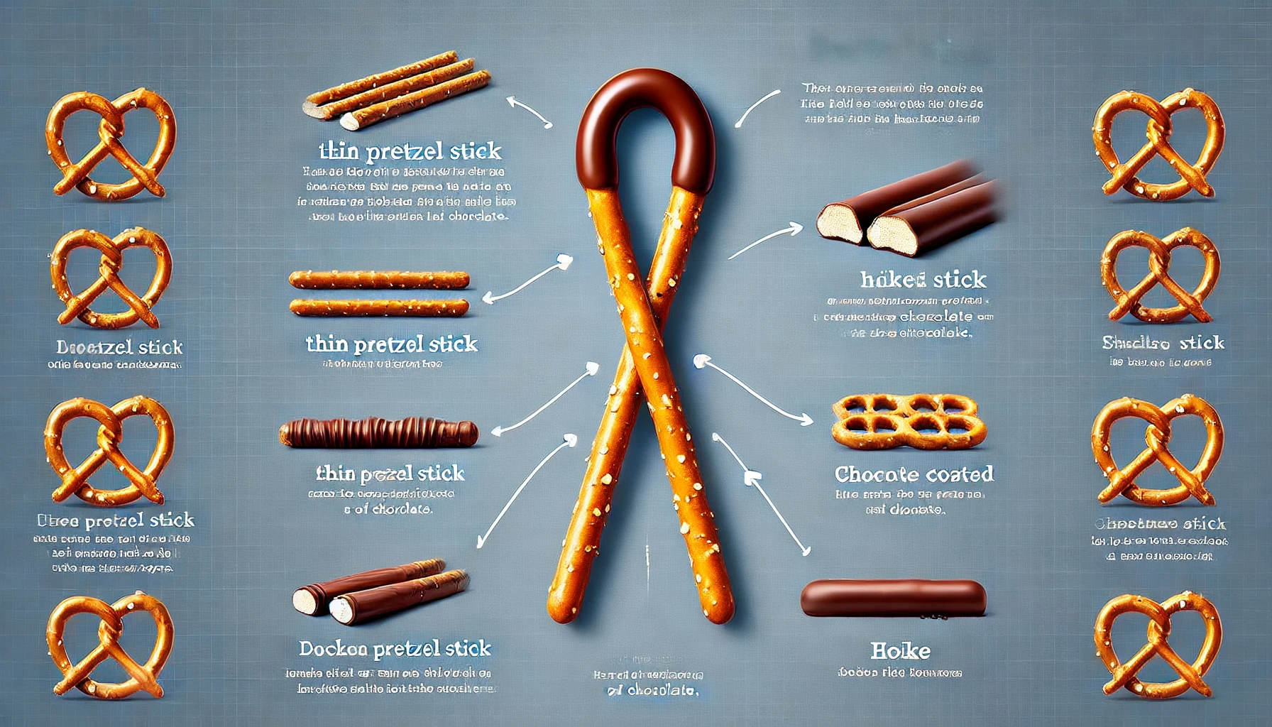 A thin pretzel stick with the top two-thirds coated in chocolate, with a background explaining the origin of the snack's name.