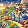 Anime characters of anthropomorphized trains on an adventure. Vibrant colors, friendly faces, and a whimsical setting featuring train tracks, tunnels, and a beautiful landscape.