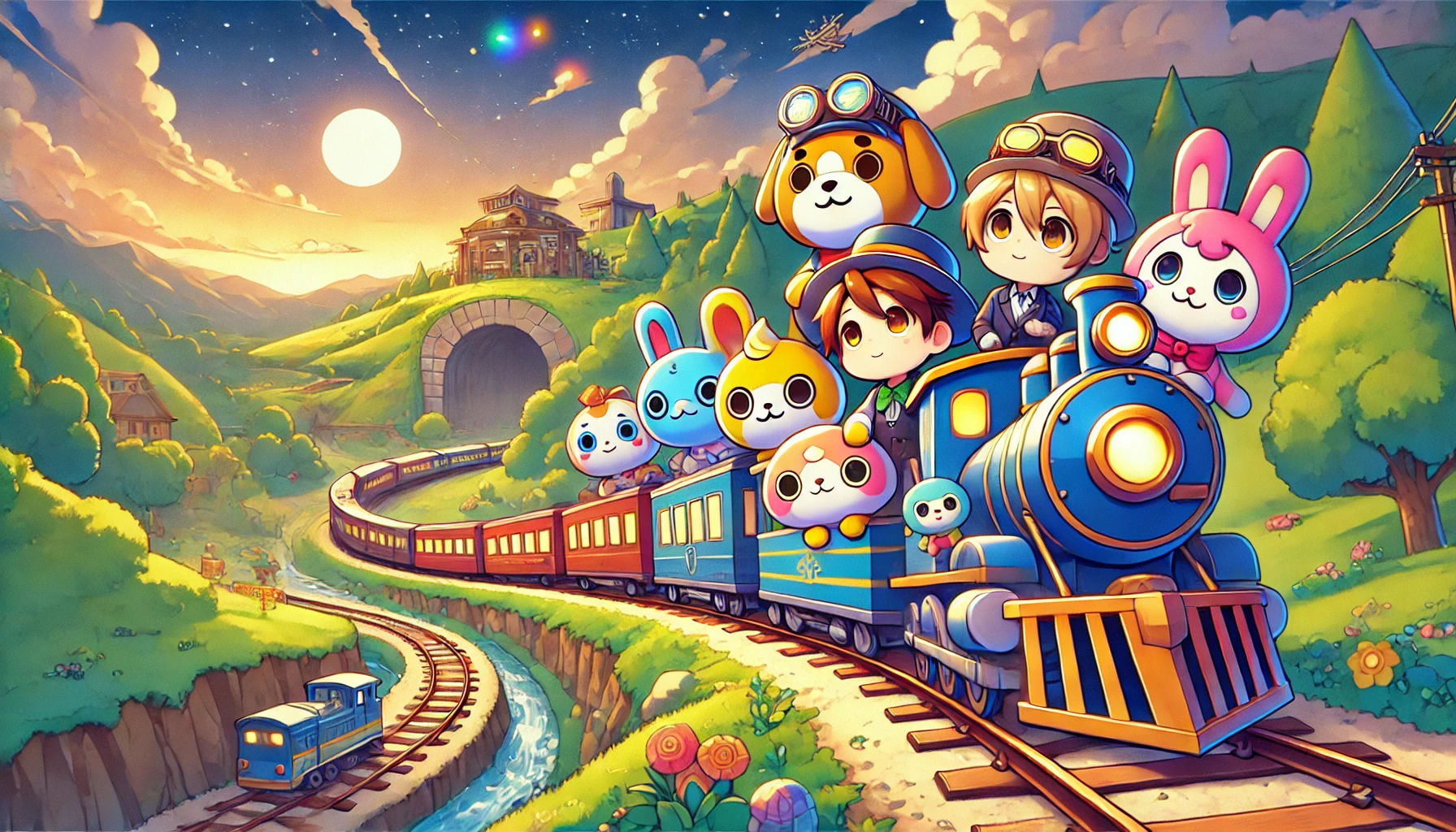 Anime characters of anthropomorphized trains on an adventure. Vibrant colors, friendly faces, and a whimsical setting featuring train tracks, tunnels, and a beautiful landscape.