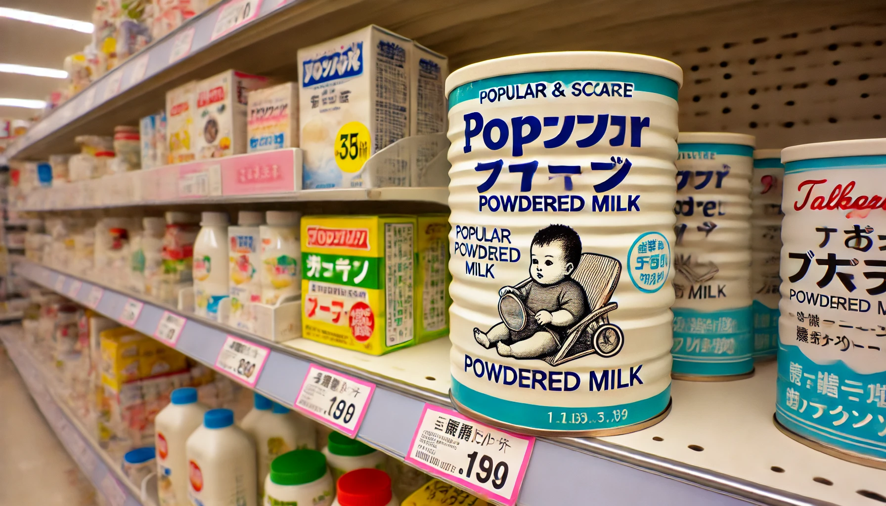 A popular and scarce can of powdered milk on a store shelf, with other baby products in the background, photographed in a Japanese store.