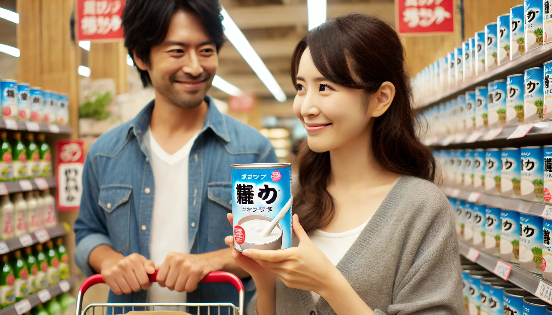 A Japanese parent holding a popular and scarce can of powdered milk, looking pleased with their purchase, in a Japanese store setting.