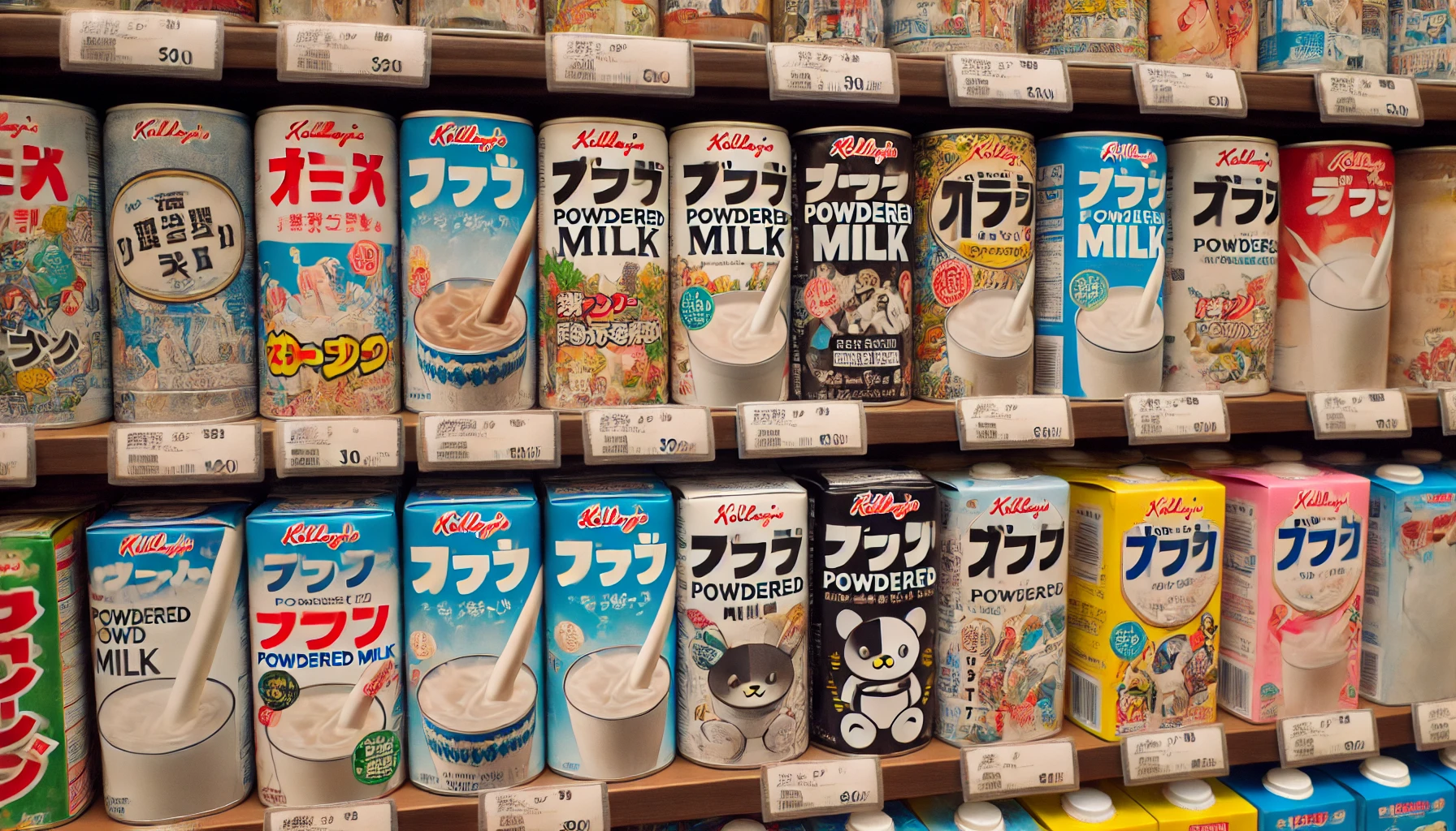 A lineup of various popular and scarce cans of powdered milk displayed on a shelf in a Japanese store, with clear labels and packaging.