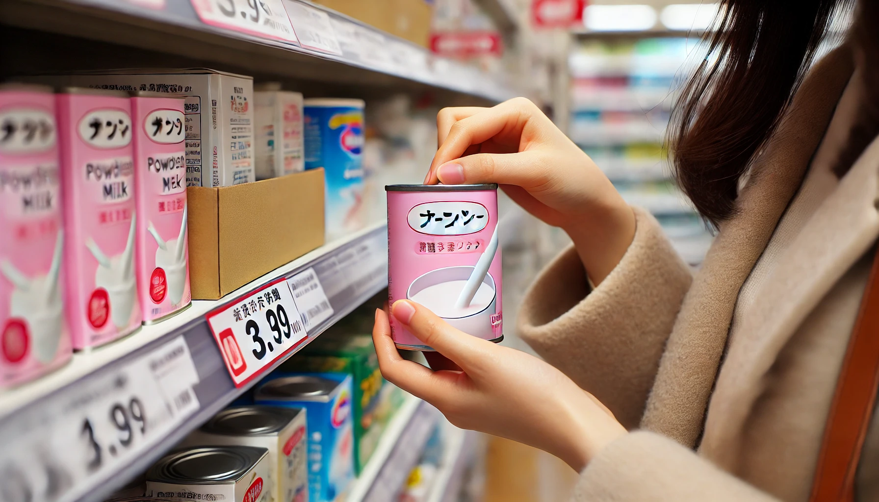 A Japanese shopper picking a can of powdered milk with a thin pink label from a shelf in a drugstore, showing the purchase process.