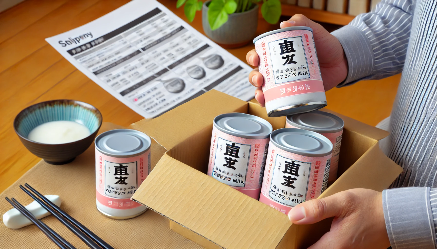 A Japanese person receiving a delivery of powdered milk cans with thin pink labels at home, showing the convenience of online shopping.