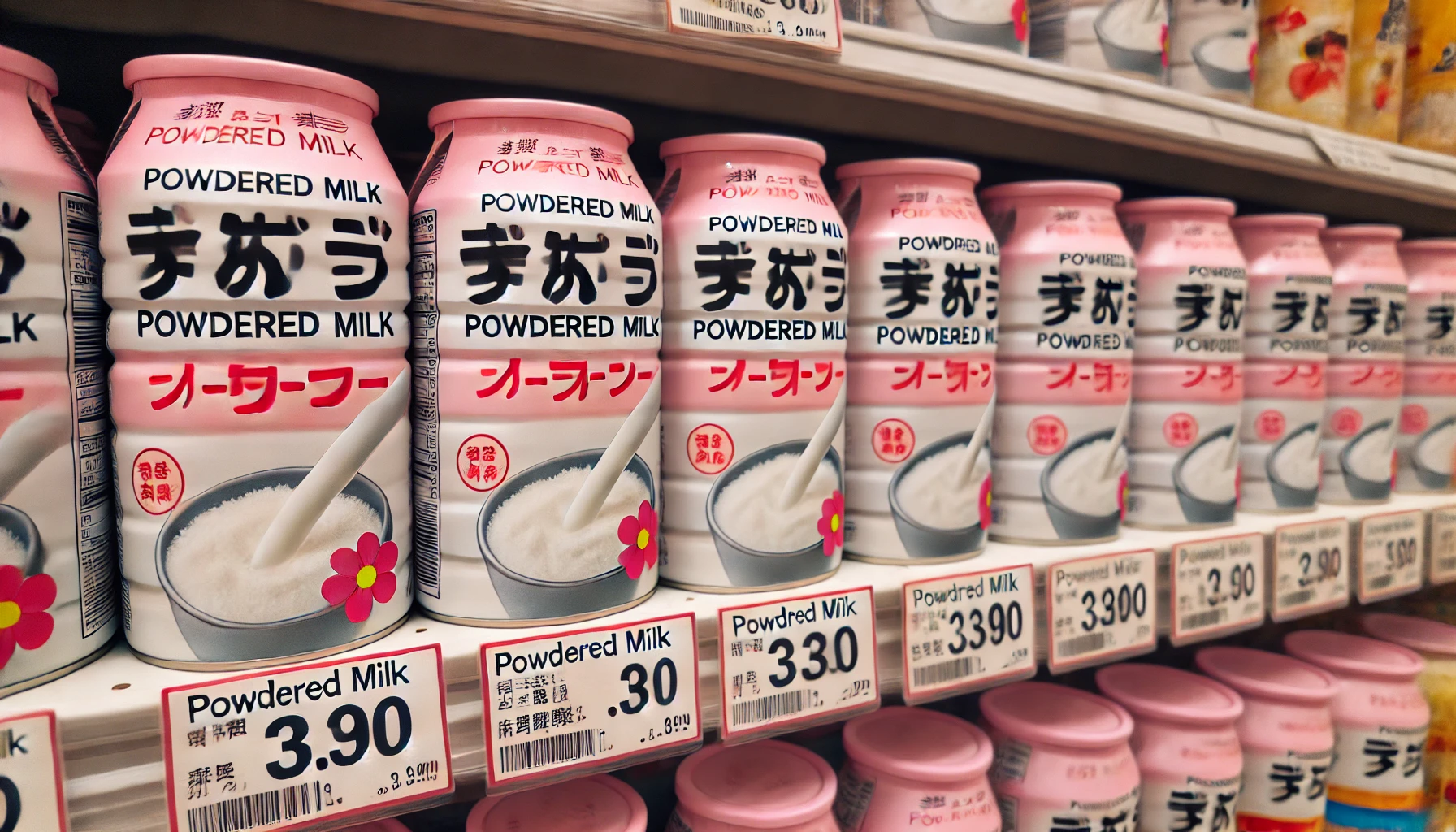 A close-up of a shelf displaying several cans of powdered milk with thin pink labels, highlighting their affordable price in a Japanese store.