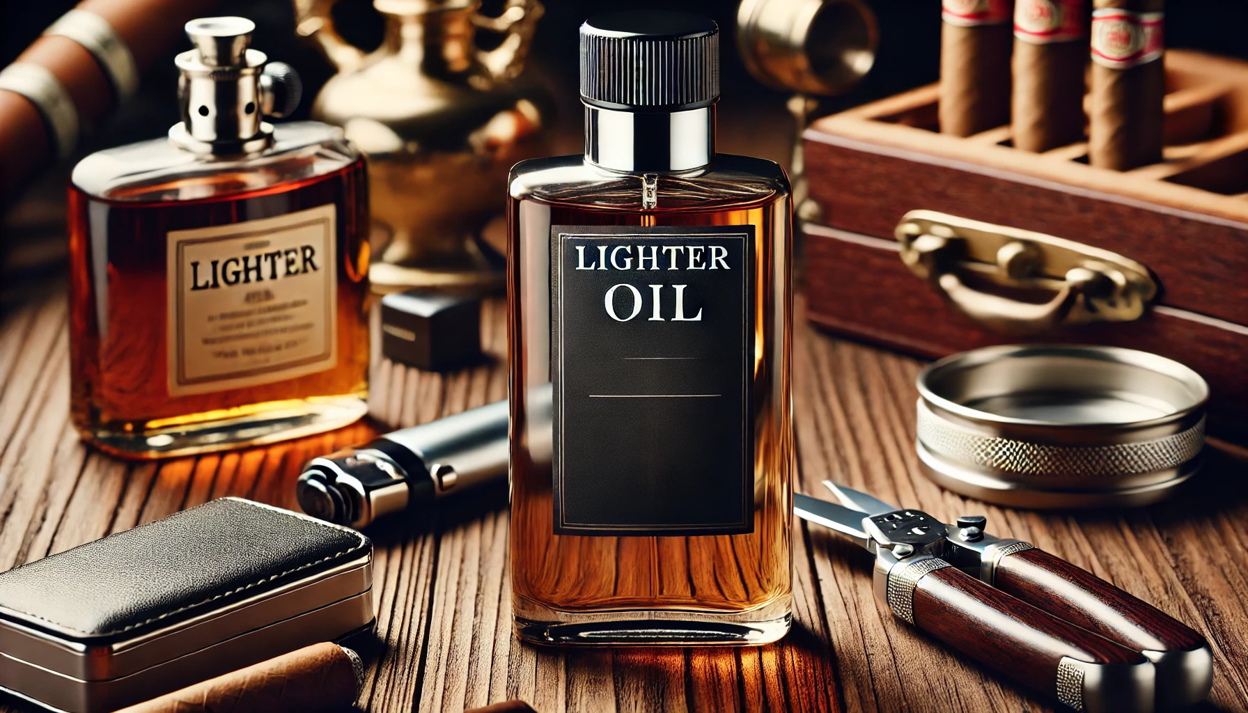 A stylish and elegant bottle of lighter oil, placed on a wooden table with a background of a vintage lighter and some cigar accessories. The bottle is sleek and well-designed, with clear labeling and a shiny surface that reflects light.