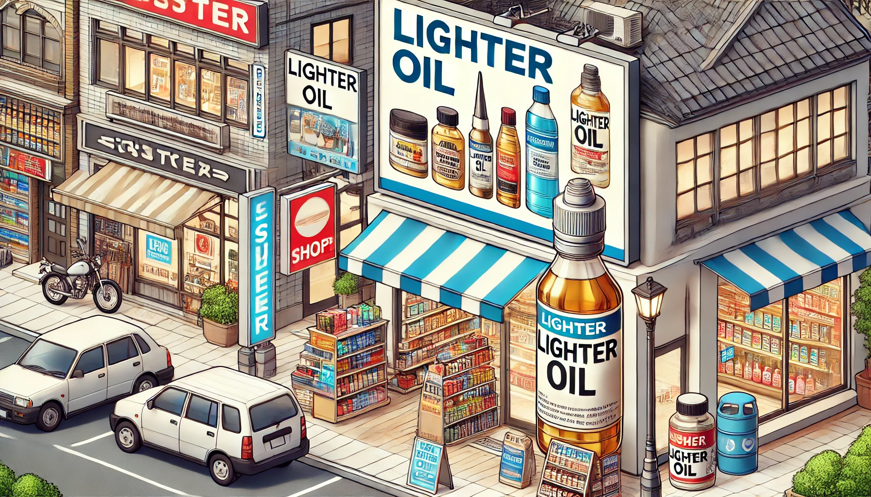 A display of various shops and convenience stores that sell lighter oil. The scene includes a street view with several store signs, and a few bottles of lighter oil prominently displayed in the windows or shelves of these stores.