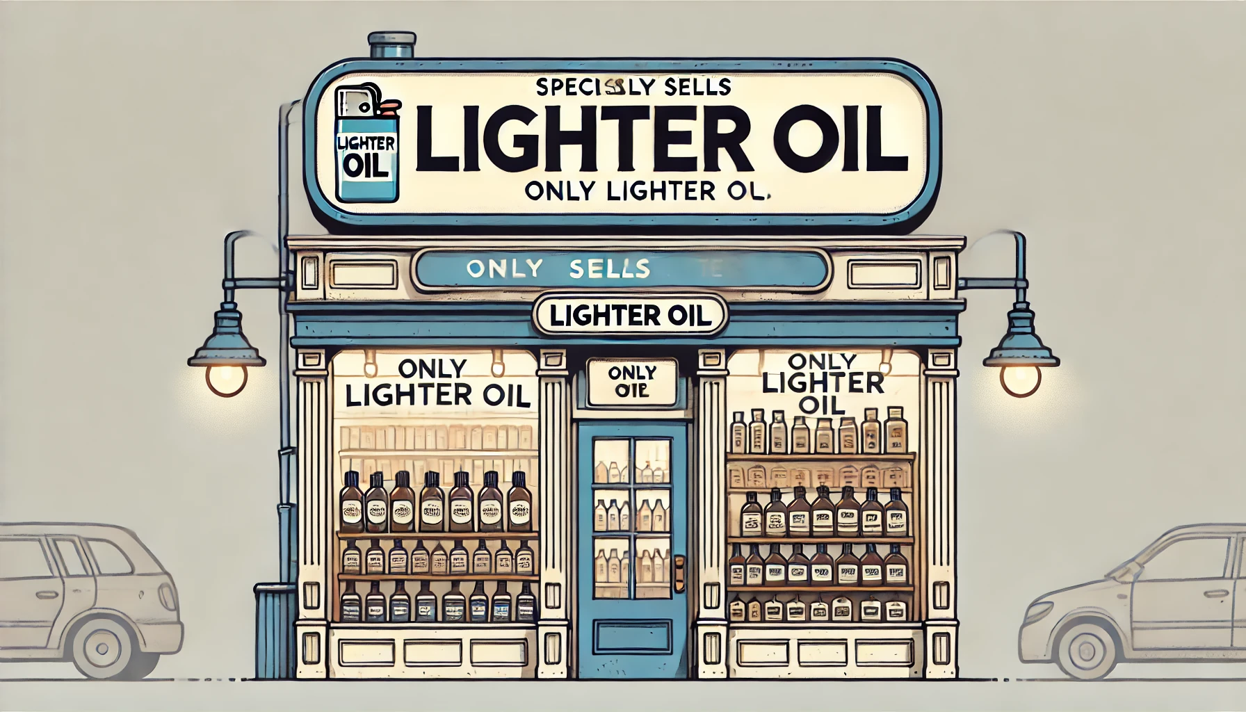 A scene showing a specialty shop that exclusively sells lighter oil. The shop has a distinct and unique exterior, with a large sign indicating it only sells lighter oil. The interior is visible through the windows, showing shelves stocked with various types of lighter oil.