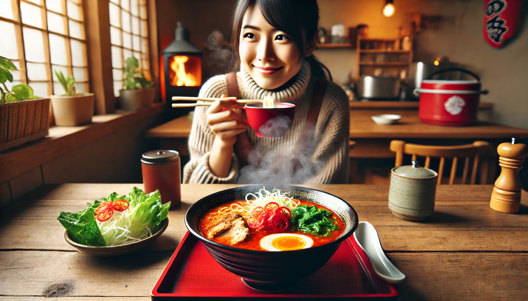 A cup of spicy ramen with red vegetables, steam rising from it, placed on a wooden table in a cozy kitchen. A Japanese woman is about to enjoy the ramen, looking excited.