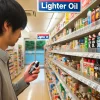 A Japanese man searching for lighter oil in a convenience store. He is looking at the shelves with various products, trying to find the specific lighter oil he needs. The store is well-lit and organized, with clear signs and labels on the shelves.