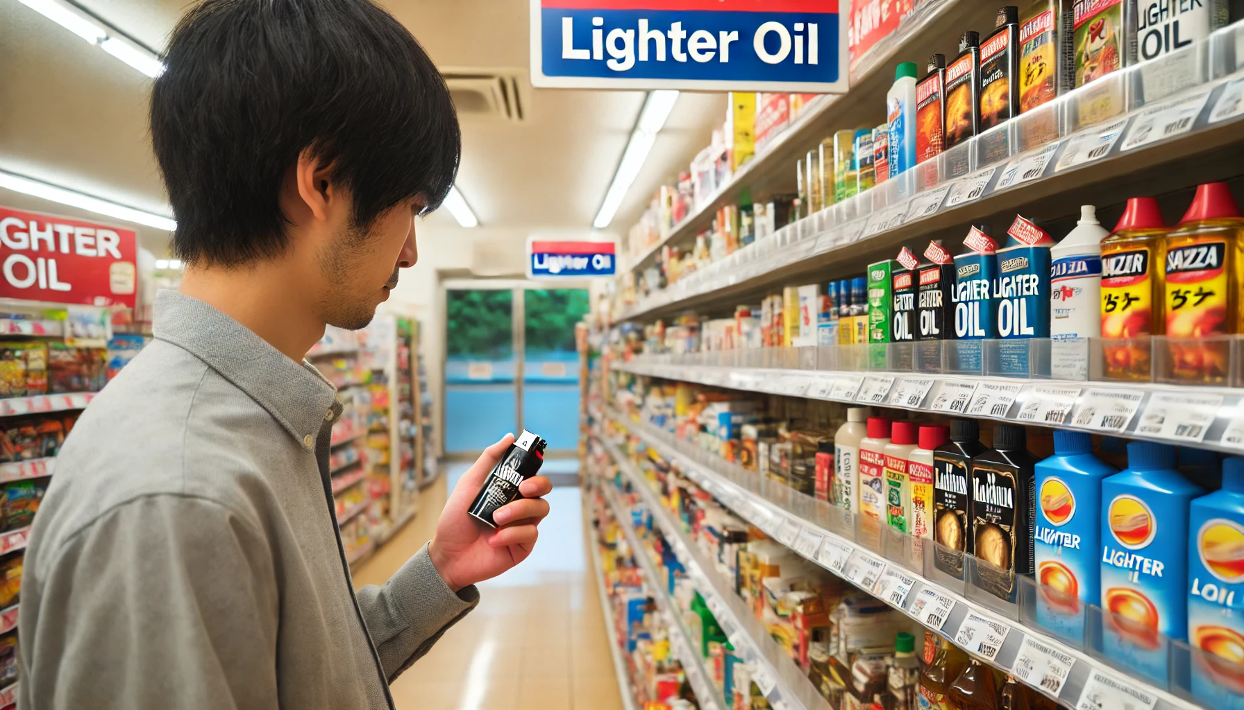 A Japanese man searching for lighter oil in a convenience store. He is looking at the shelves with various products, trying to find the specific lighter oil he needs. The store is well-lit and organized, with clear signs and labels on the shelves.