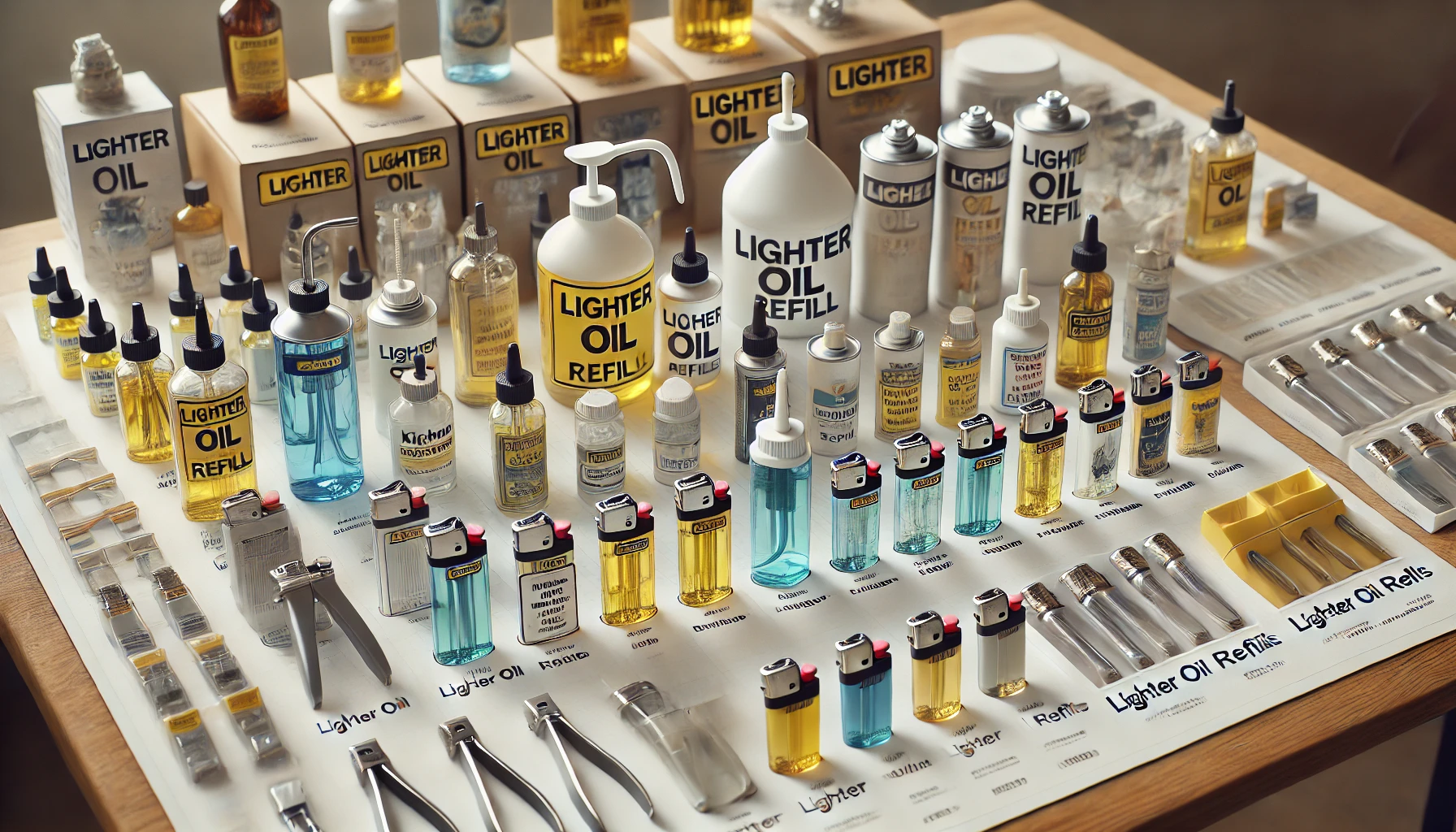 A variety of lighter oil refill products displayed on a table. The products include different types of refill containers and nozzles, with clear labeling and packaging. The table is neatly organized, showing the options available for lighter oil refills.