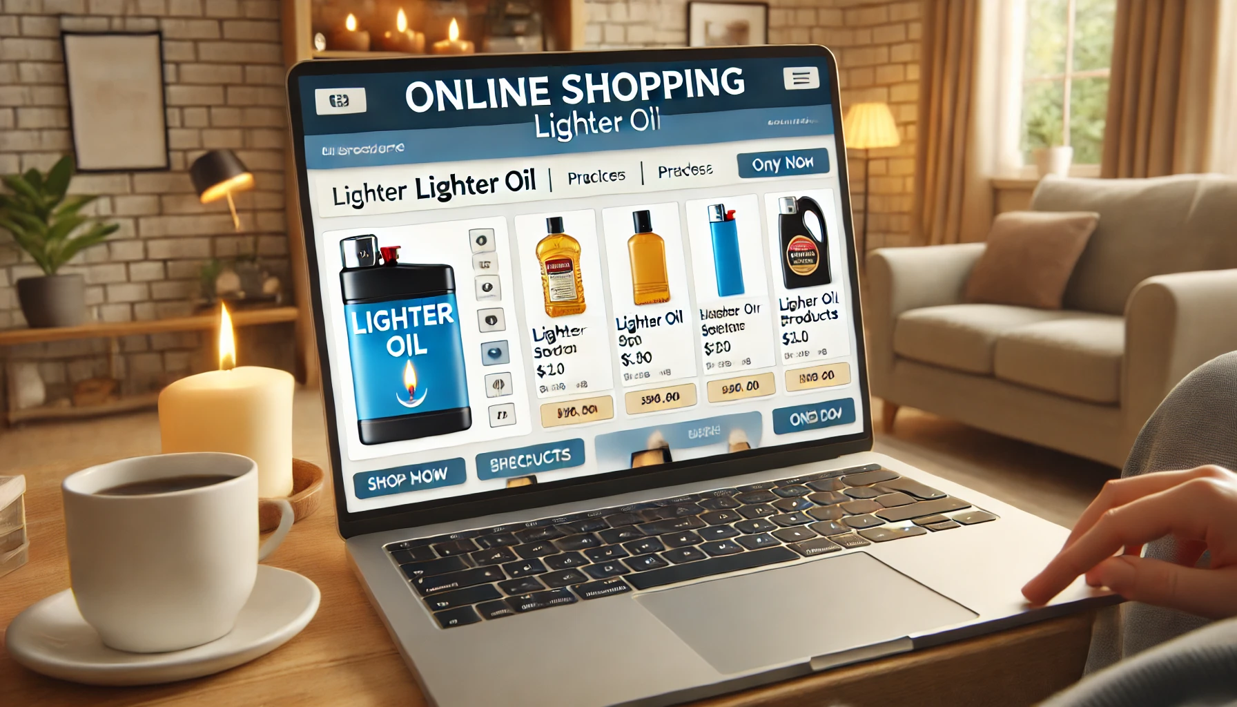 A laptop screen showing an online shopping website with various lighter oil products. The website displays product images, descriptions, prices, and options for purchasing. The background shows a cozy home environment, indicating online shopping from home.