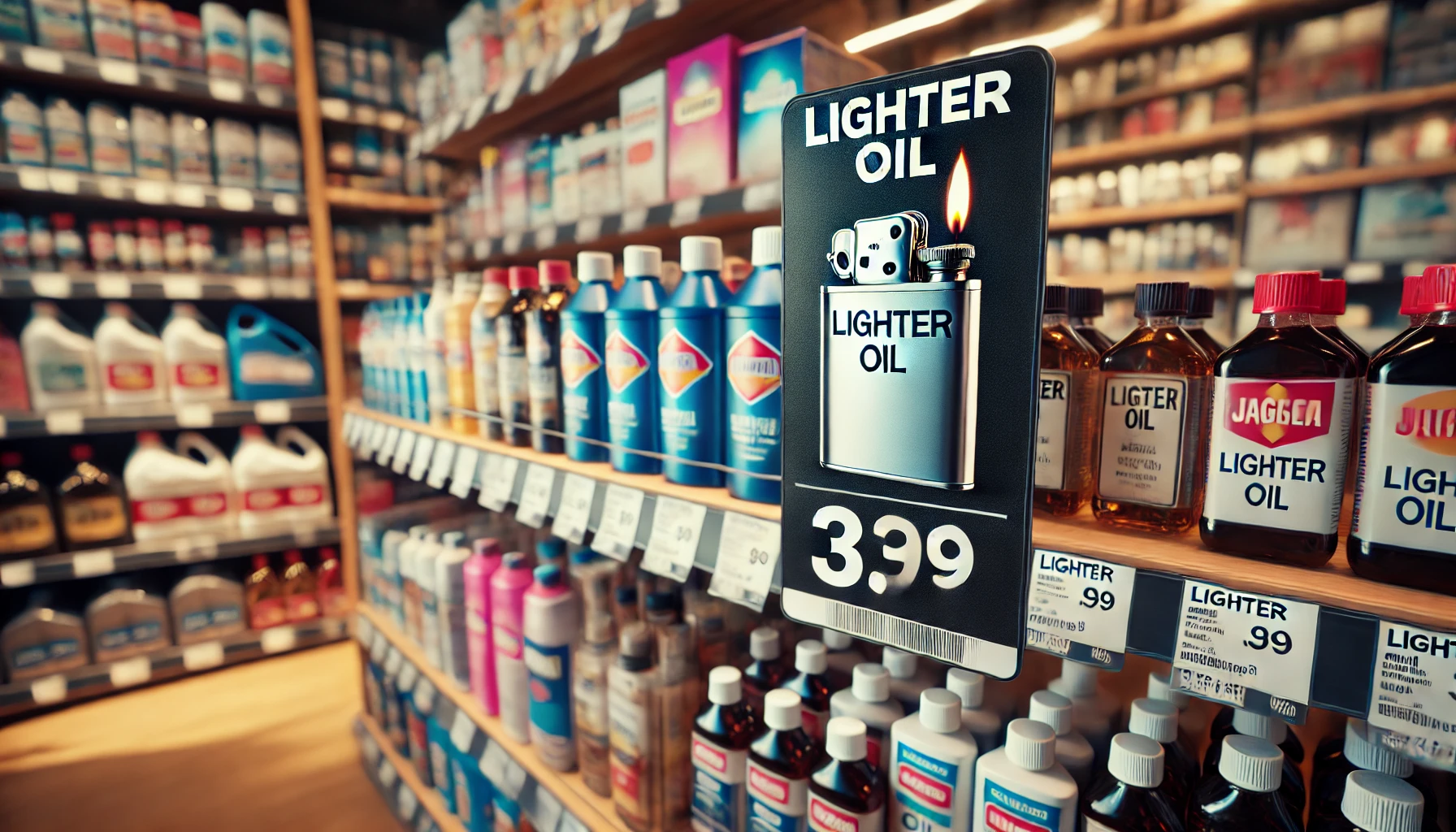 A price tag display for lighter oil in a store. The image shows different brands and sizes of lighter oil with clearly marked prices. The scene is set in a well-lit retail environment, with shelves organized neatly and price tags prominently visible.