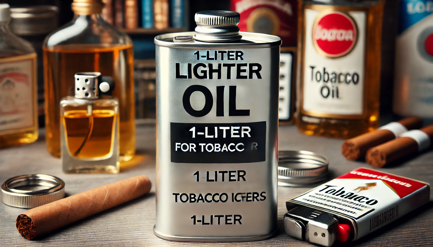 A 1-liter can of lighter oil specifically for tobacco use. The can is metallic with a secure cap and clear labeling indicating its use for tobacco lighters. It is placed on a table with a few tobacco-related items in the background, like a lighter and some cigars.