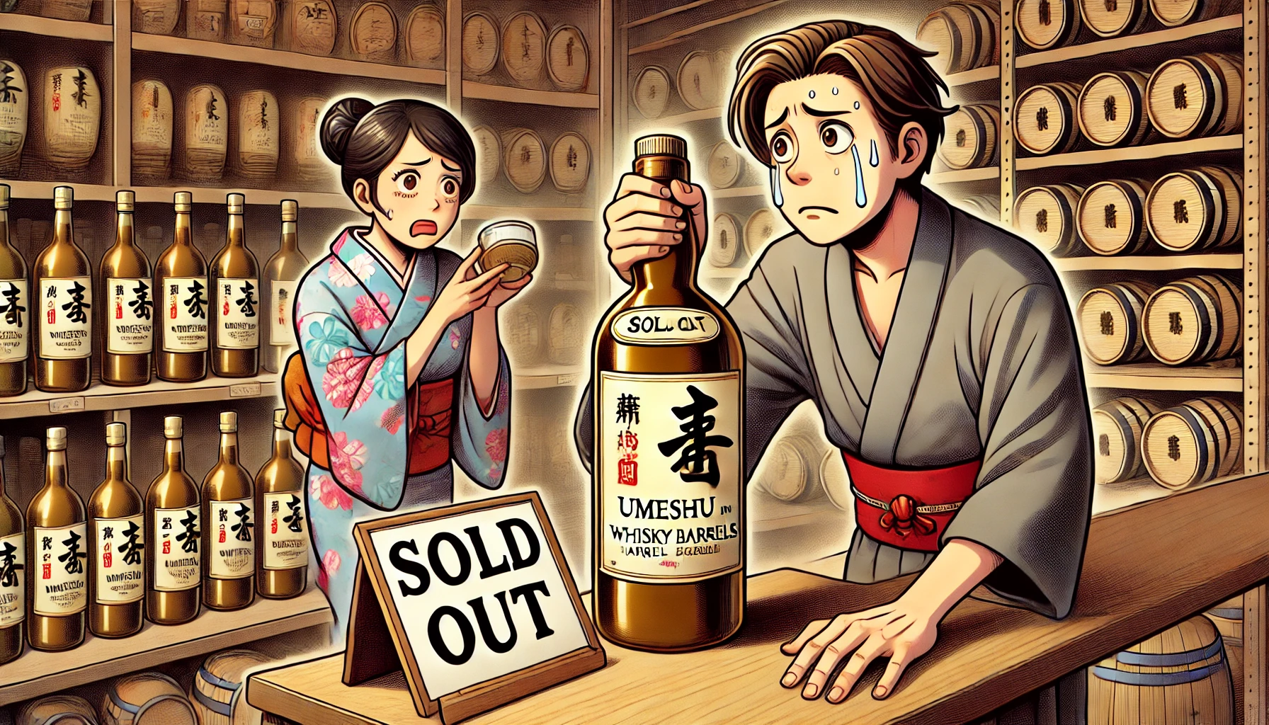 A scene suggesting the rumor of umeshu (plum wine) aged in whisky barrels being discontinued, with a worried Japanese person holding the last bottle. The setting should be a shop with empty shelves and a sign that reads 'Sold Out'.