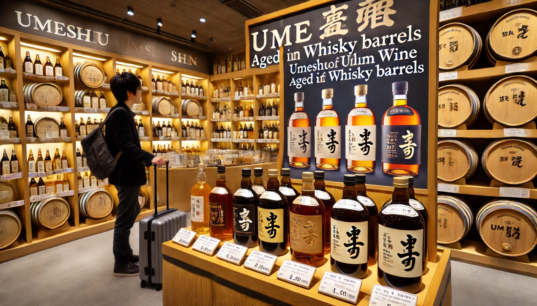 A store selling umeshu (plum wine) aged in whisky barrels, with shelves lined with bottles and a display highlighting the product. A Japanese person is browsing the selection, indicating where it can be bought.