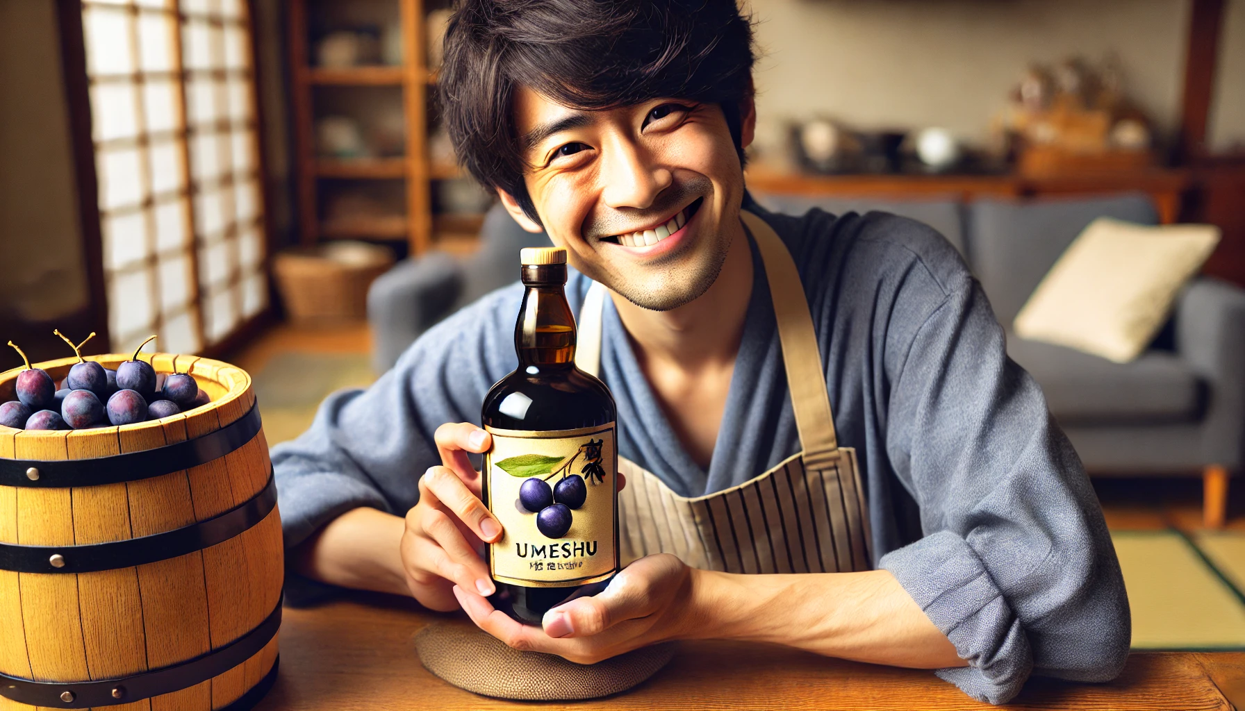 A satisfied Japanese person holding a bottle of umeshu (plum wine) aged in a whisky barrel, smiling with joy. The background should be a cozy home setting, indicating the person's happiness with their purchase.