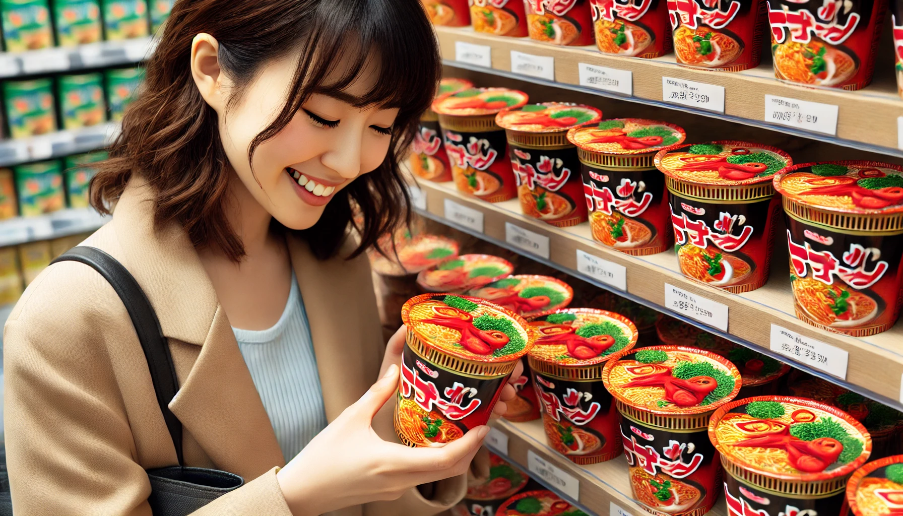 A display of popular spicy ramen cups with red vegetables, arranged on a store shelf. A Japanese woman is selecting one of the cups, smiling with delight.