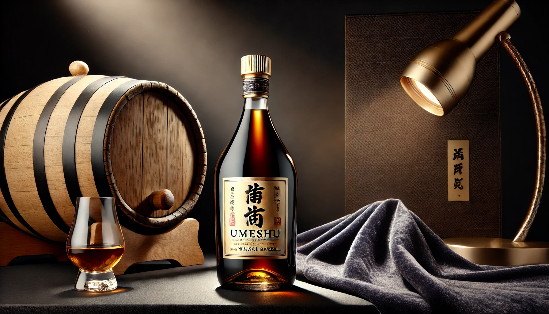 A rare bottle of umeshu (plum wine) aged in a whisky barrel, displayed in a high-end setting with an aura of exclusivity. The background features a velvet cloth and spotlight emphasizing its rarity.