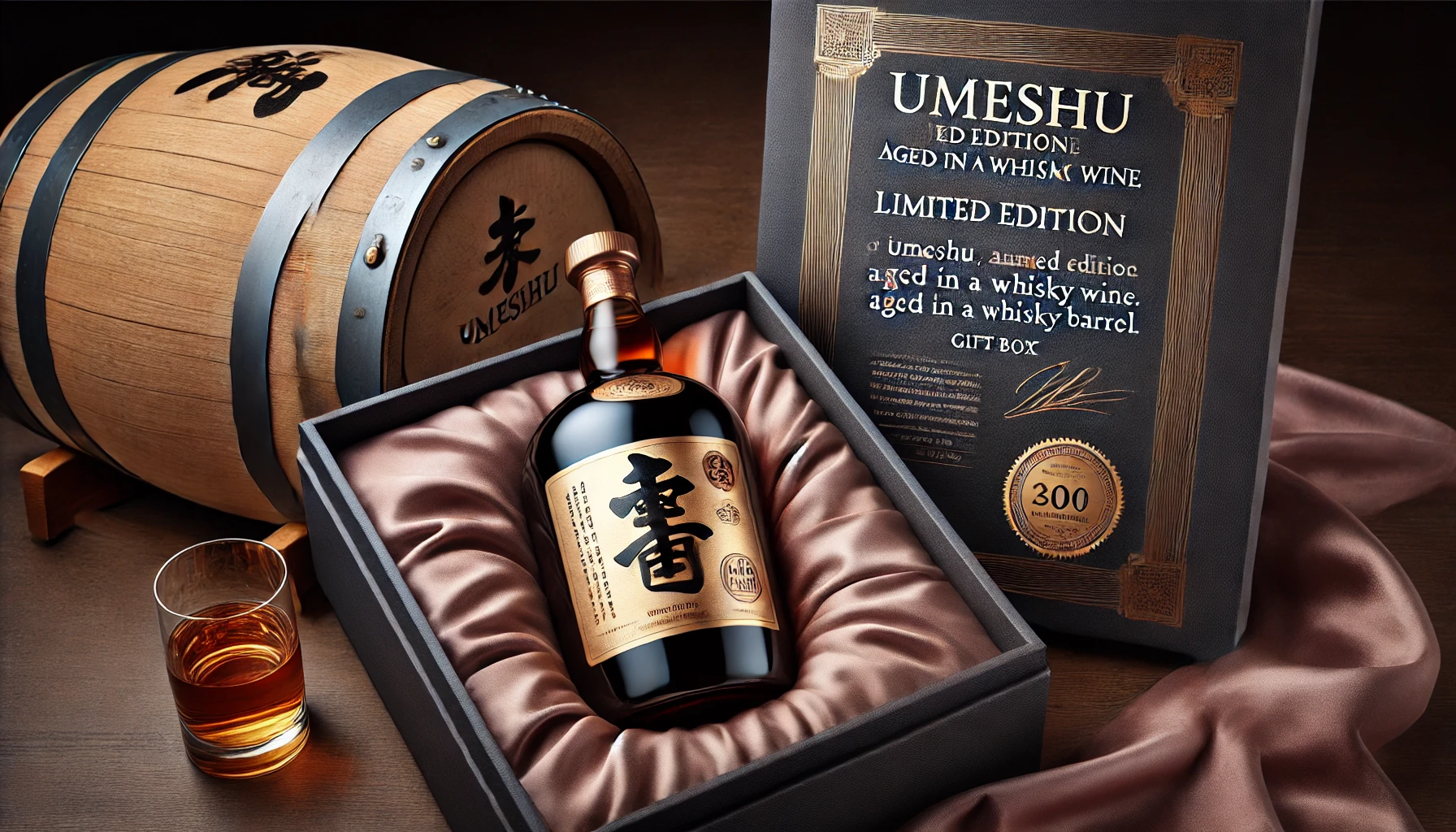 A limited edition bottle of umeshu (plum wine) aged in a whisky barrel, elegantly displayed in a luxurious gift box. The setting should be upscale with elements like a soft velvet background, and a certificate of authenticity highlighting its exclusivity.