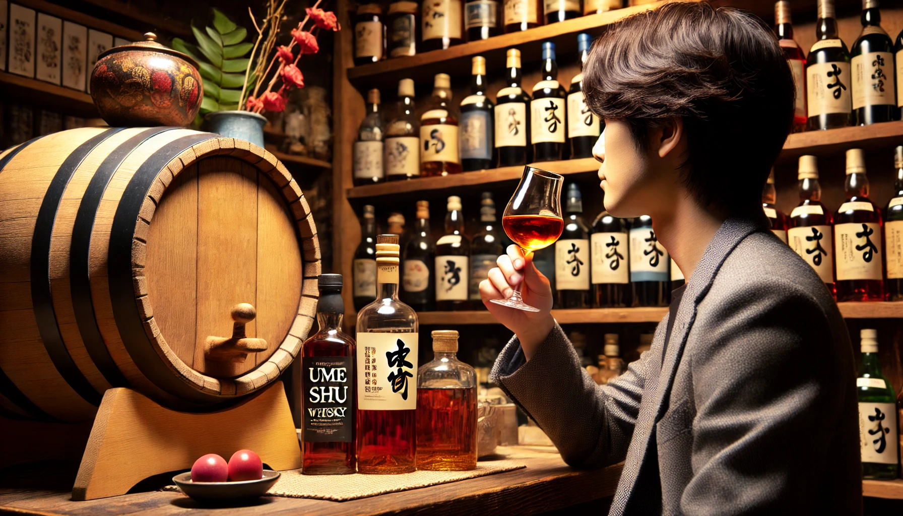 A popular setting showcasing umeshu (plum wine) aged in a whisky barrel, with a Japanese person enjoying a glass of the drink in a cozy bar. The background features a shelf filled with various bottles of umeshu and whisky, emphasizing its popularity.