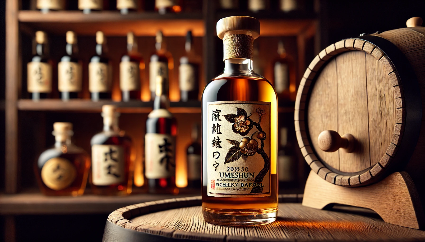 A beautiful bottle of umeshu (plum wine) aged in a whisky barrel, highlighting its appeal with a close-up of the label. The background should feature a sophisticated setting, like a wooden shelf with other aged spirits and a warm, inviting light.