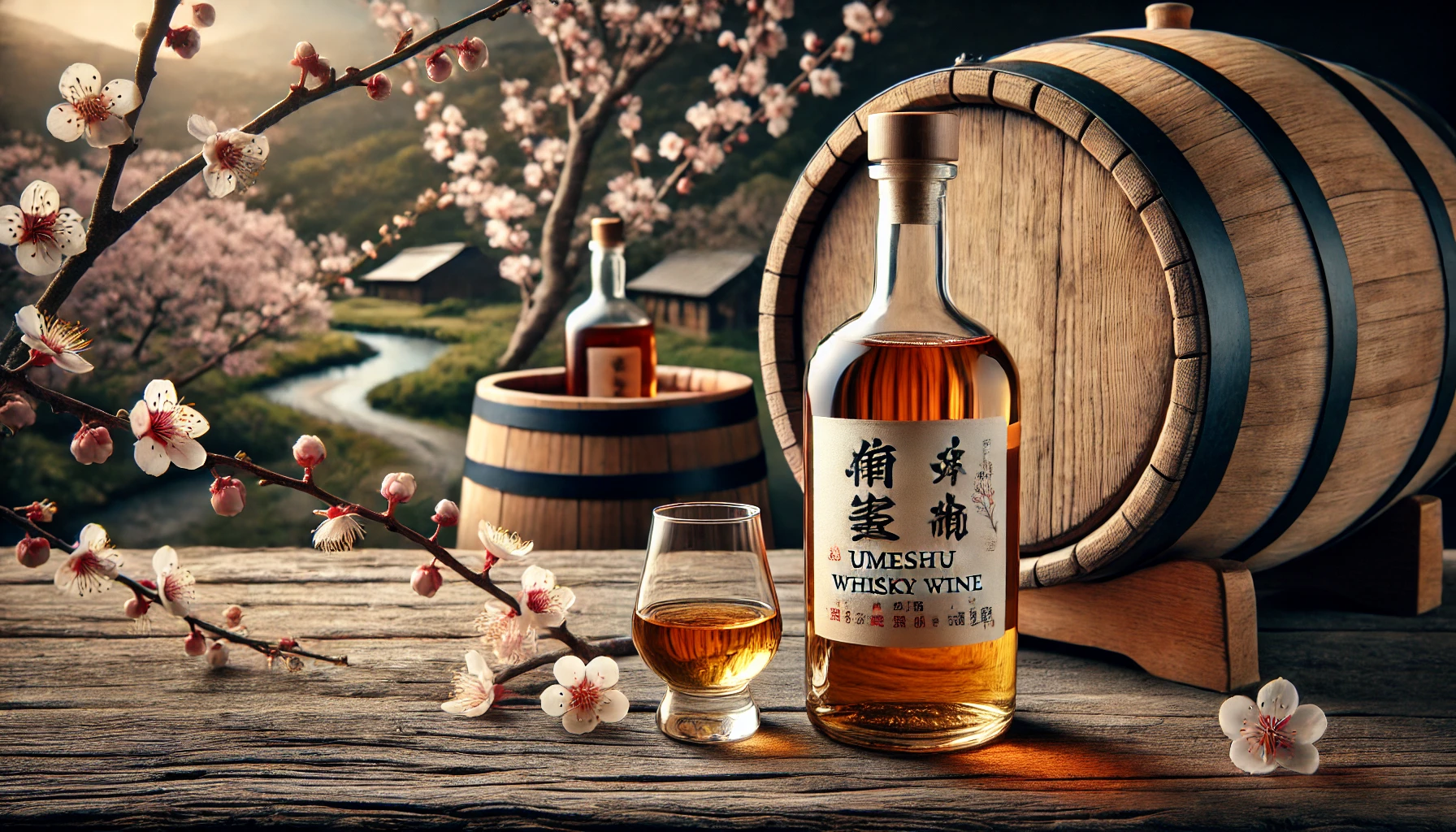 A bottle of umeshu (plum wine) aged in a whisky barrel, displayed on a rustic wooden table with a whisky barrel in the background. The setting should include a serene Japanese countryside with plum blossoms visible.