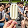 A long rectangular yogurt ice cream bar with a stick being enjoyed by a group of people. The yogurt bar has a creamy, smooth texture and looks very refreshing. The people, who are Japanese, are smiling and enjoying the ice cream. The background is a park setting.