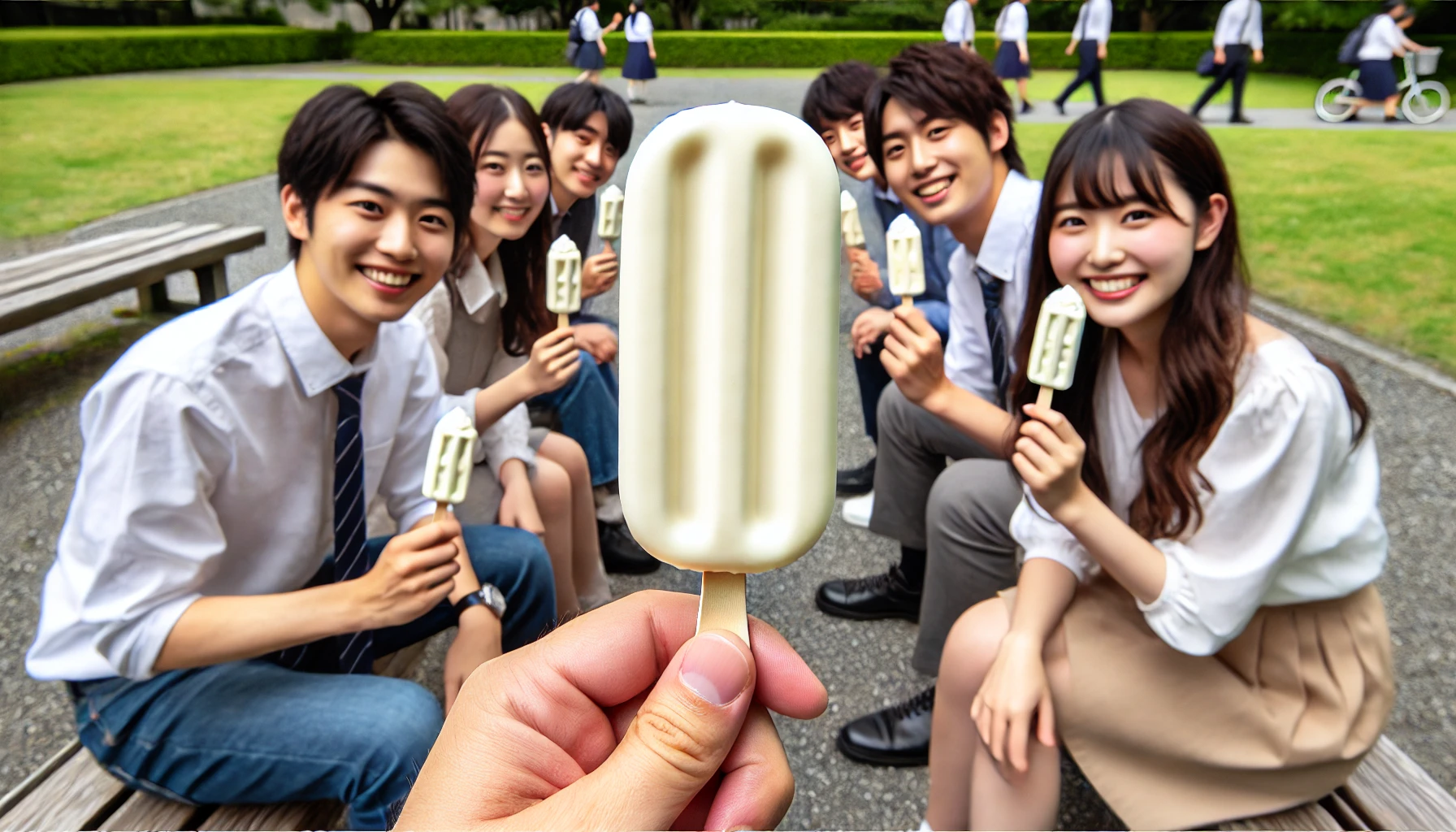 A long rectangular yogurt ice cream bar with a stick being enjoyed by a group of people. The yogurt bar has a creamy, smooth texture and looks very refreshing. The people, who are Japanese, are smiling and enjoying the ice cream. The background is a park setting.