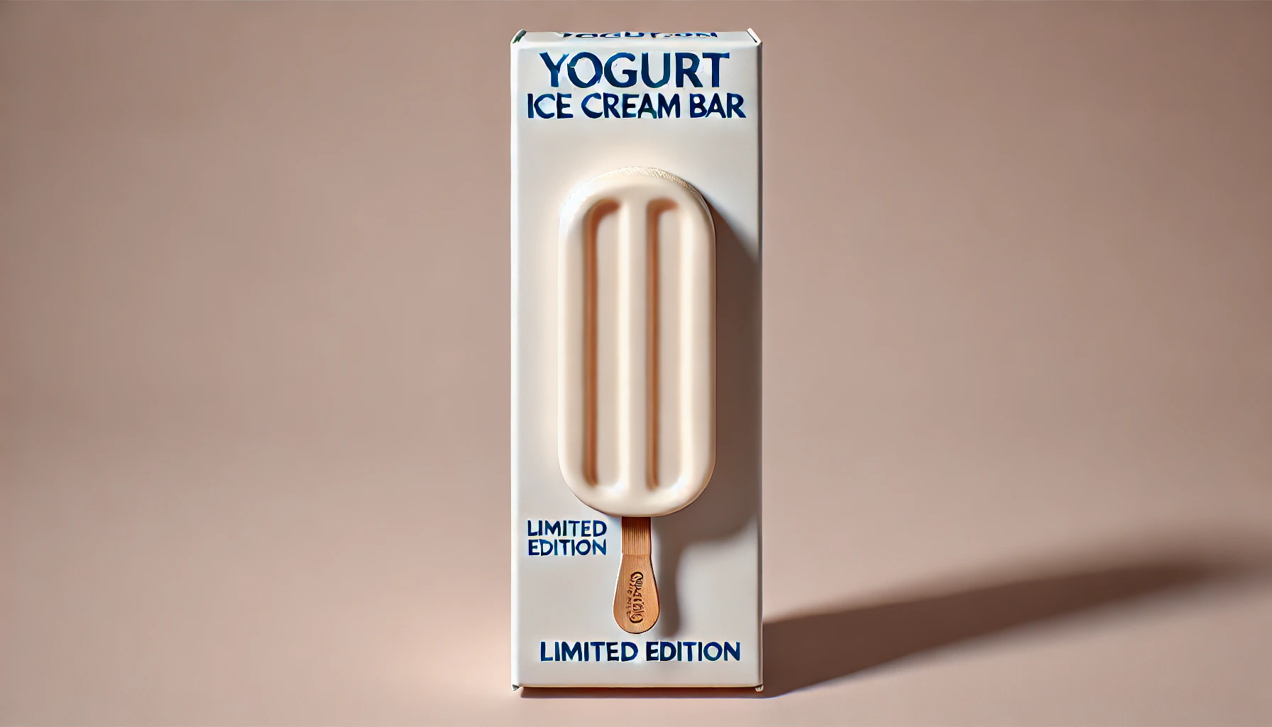 A long rectangular yogurt ice cream bar with a stick, in a limited edition packaging. The yogurt bar has a creamy, smooth texture and looks very refreshing. The packaging highlights that it is a limited edition item. The background is minimalistic.